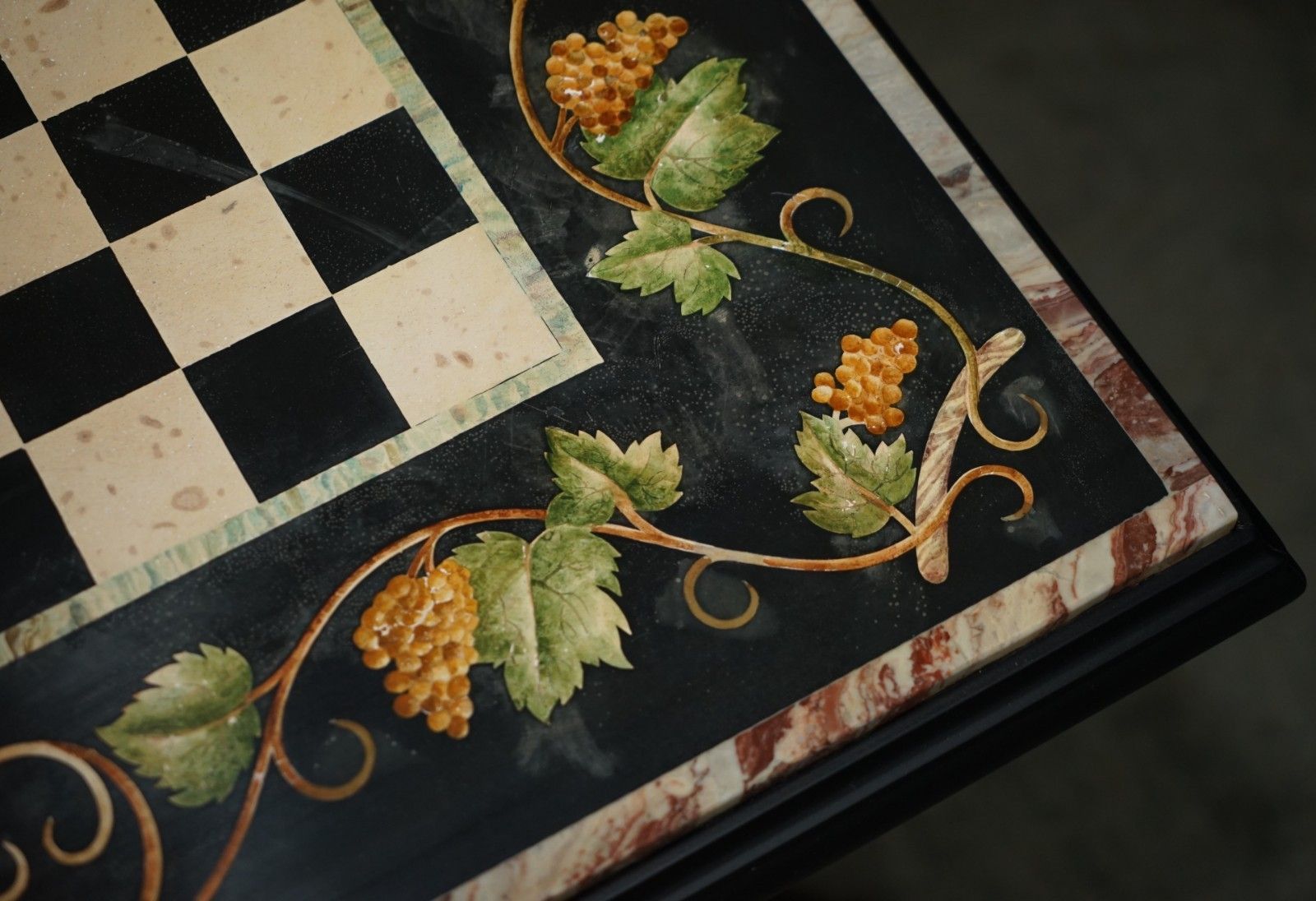 photo vintage Antique Extra Large Pietra Dura Marble Inlaid Chessboard Table Later Cherry Base