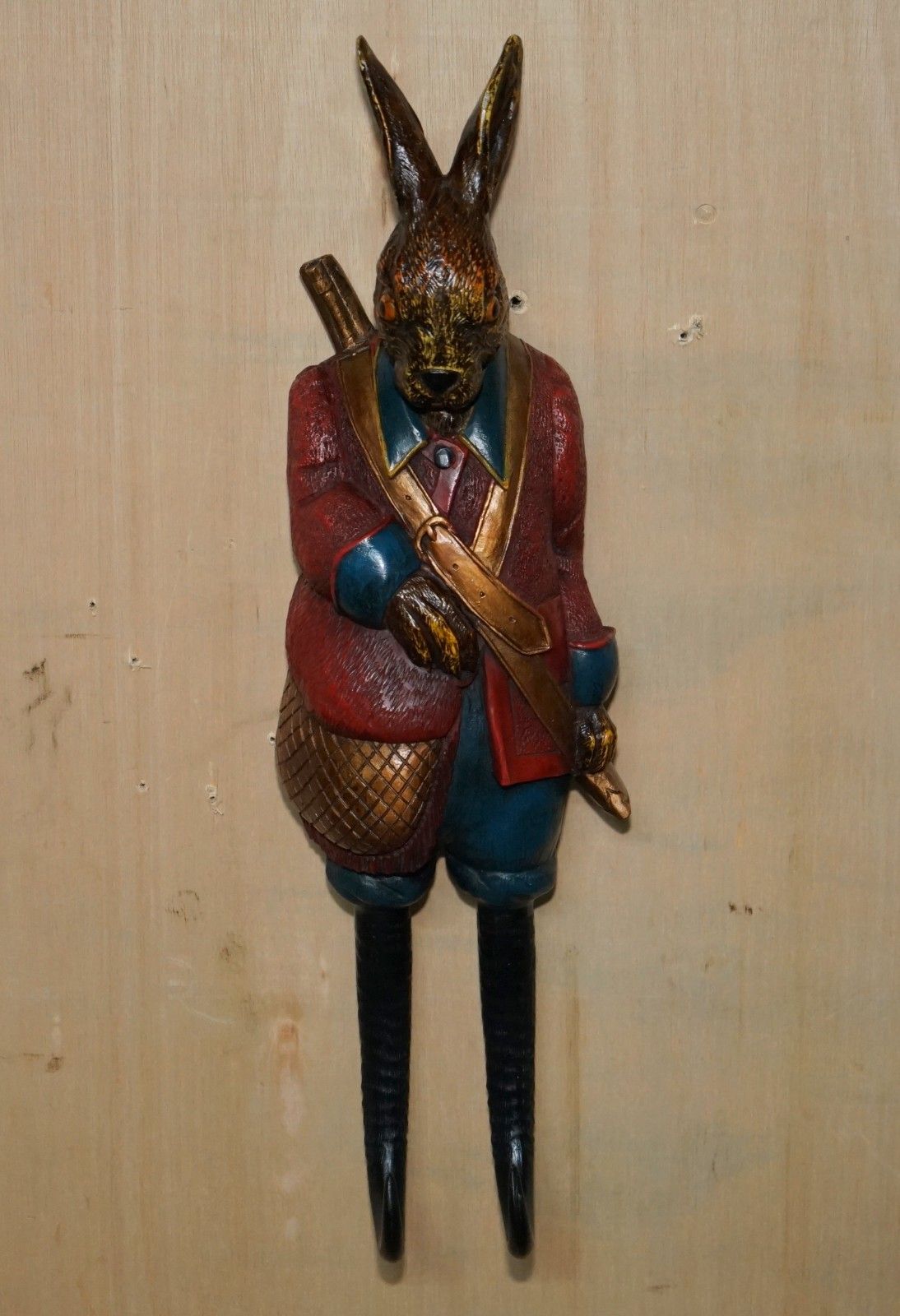 Stunning Vintage Painted Black Forest Hand Carved Rabbit Whip Hook Glass Eyes photo for sale