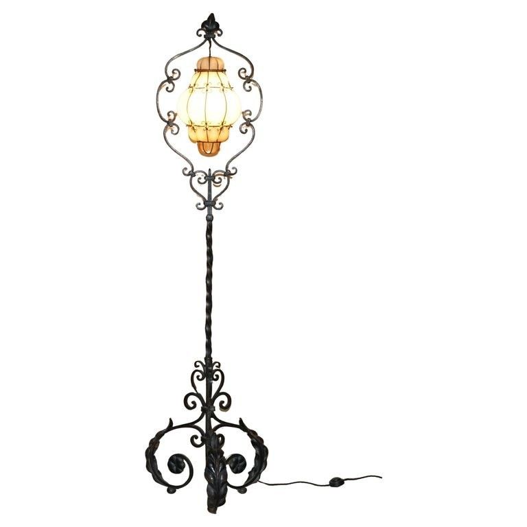 Antique Circa 1930's Italian Murano Glass & Iron Seguso Caged Pendant Floor Lamp
