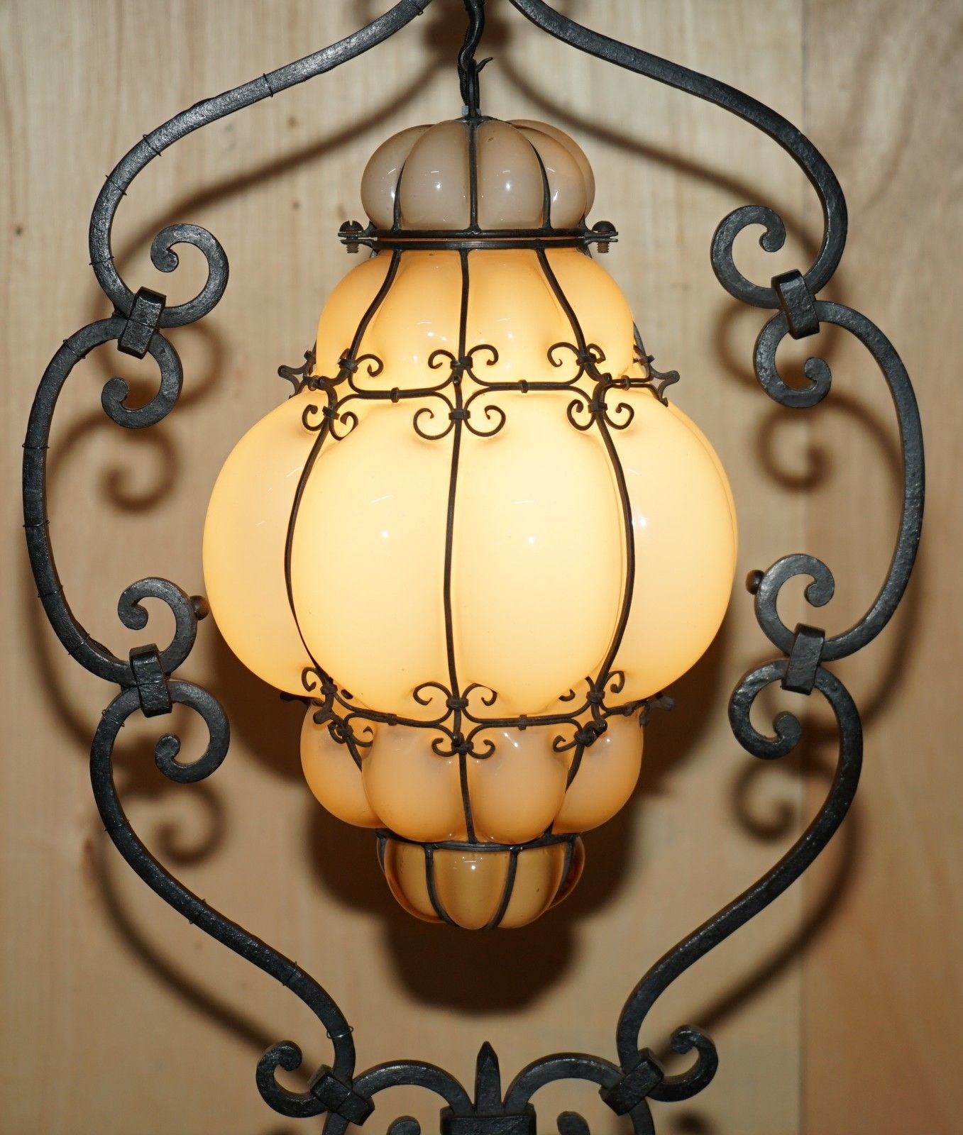 Antique Circa 1930's Italian Murano Glass & Iron Seguso Caged Pendant Floor Lamp photo Lighting