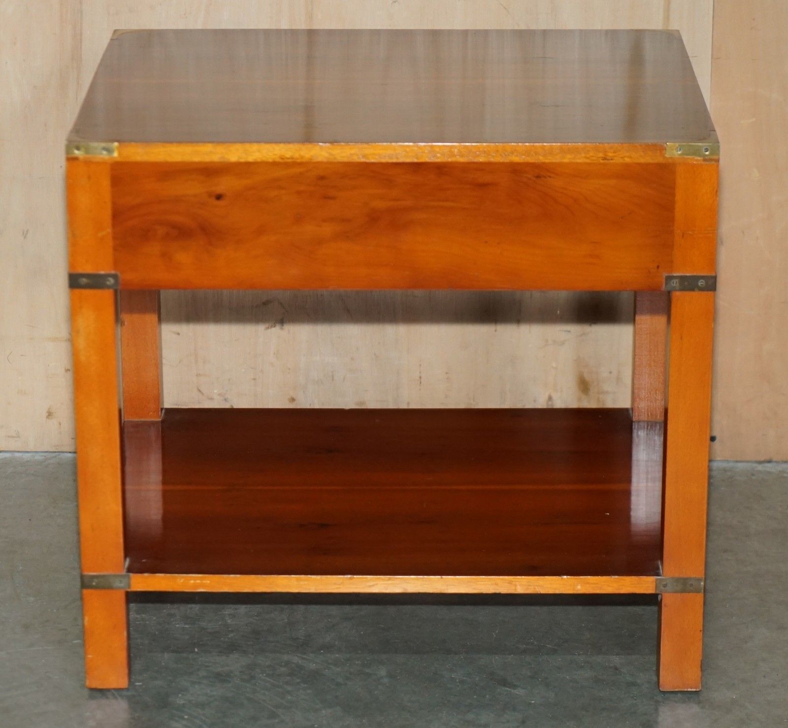 photo vinterior Fully Restored Military Campaign Style Yew Wood Single Drawer Side End Table