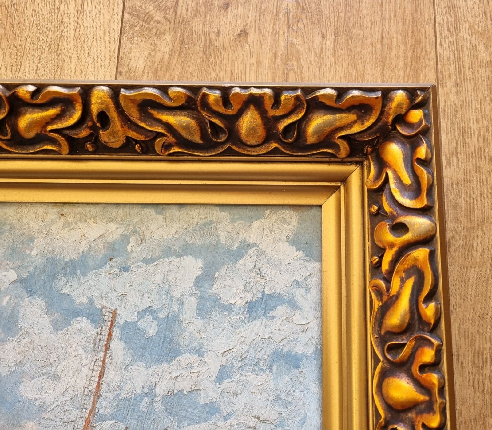Art Vintage Oil Painting French Post Impressionist Style Ornate Frame Country Scene photo
