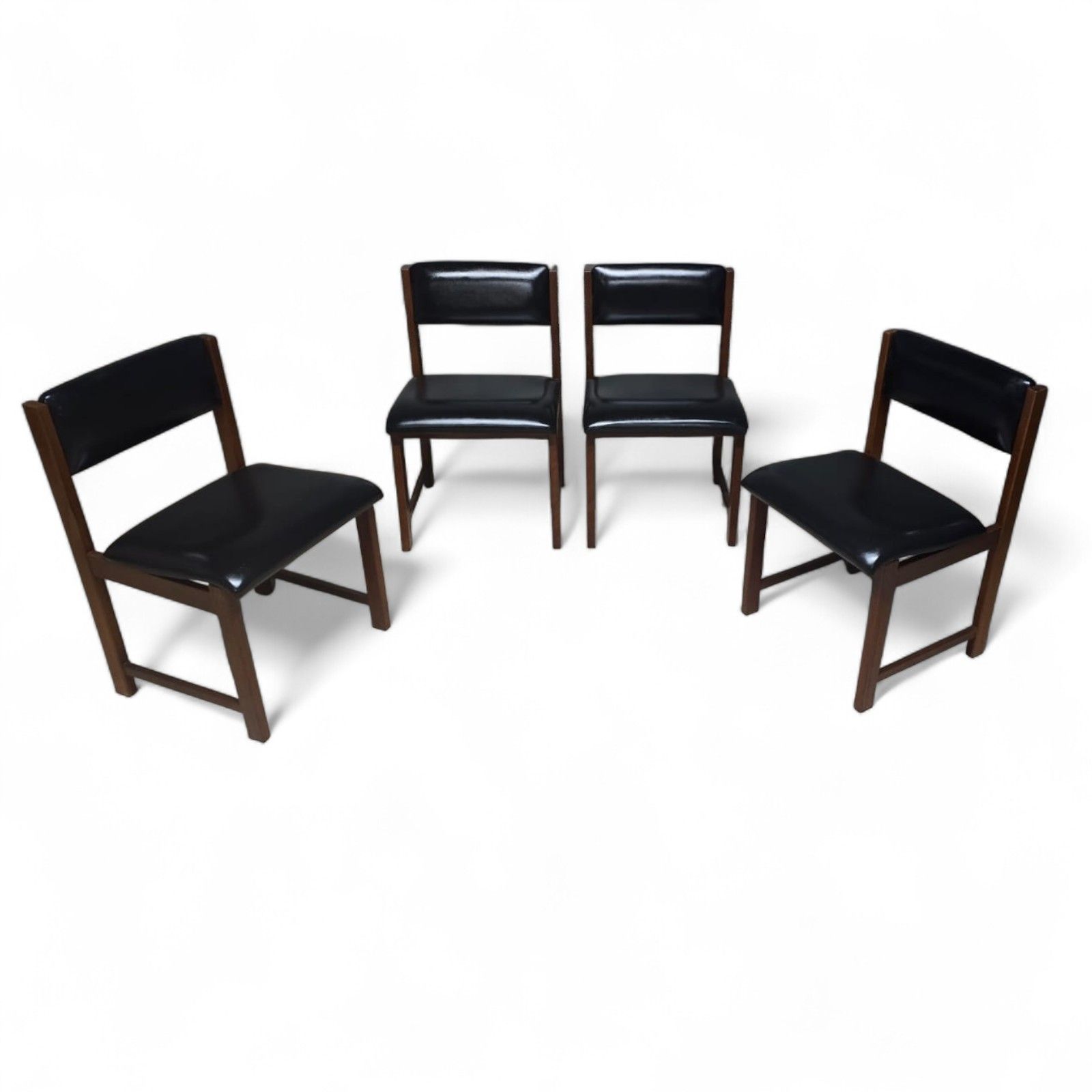 photo furniture Set Of 4 Mid Century Teak Dining Chairs Pivoting Tilt Back Black Vinyl Mcm
