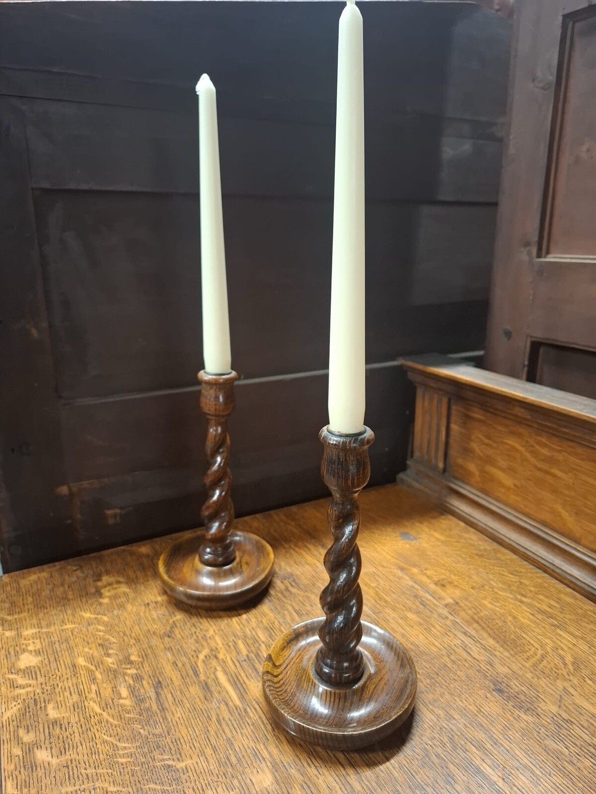 Pair Of Victorian Oak Barley Twist Candle Sticks