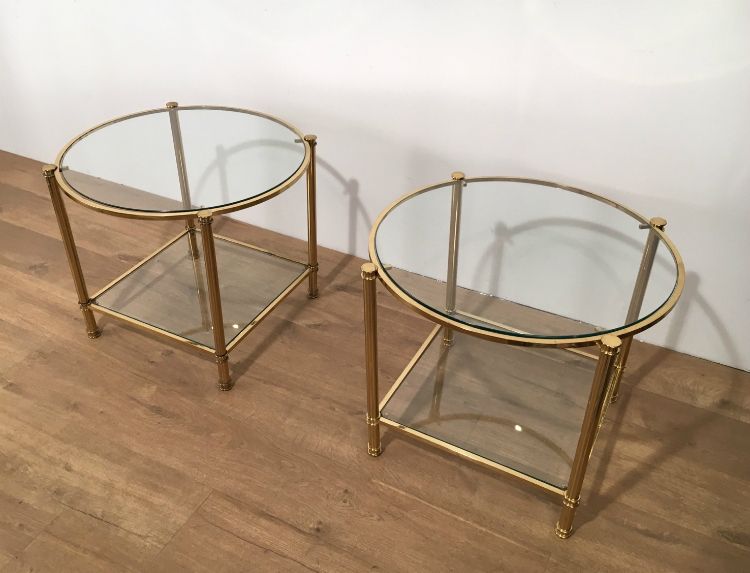 Pair Of Round Brass 2 Tiers Side Tables. Circa 1970 photo for sale