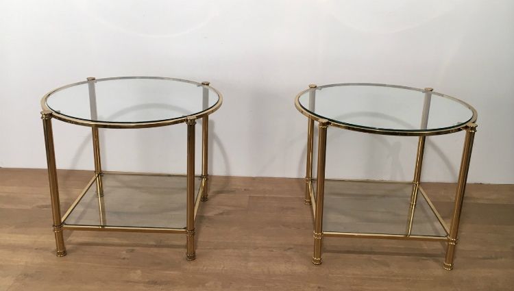 Pair Of Round Brass 2 Tiers Side Tables. Circa 1970 photo Furniture