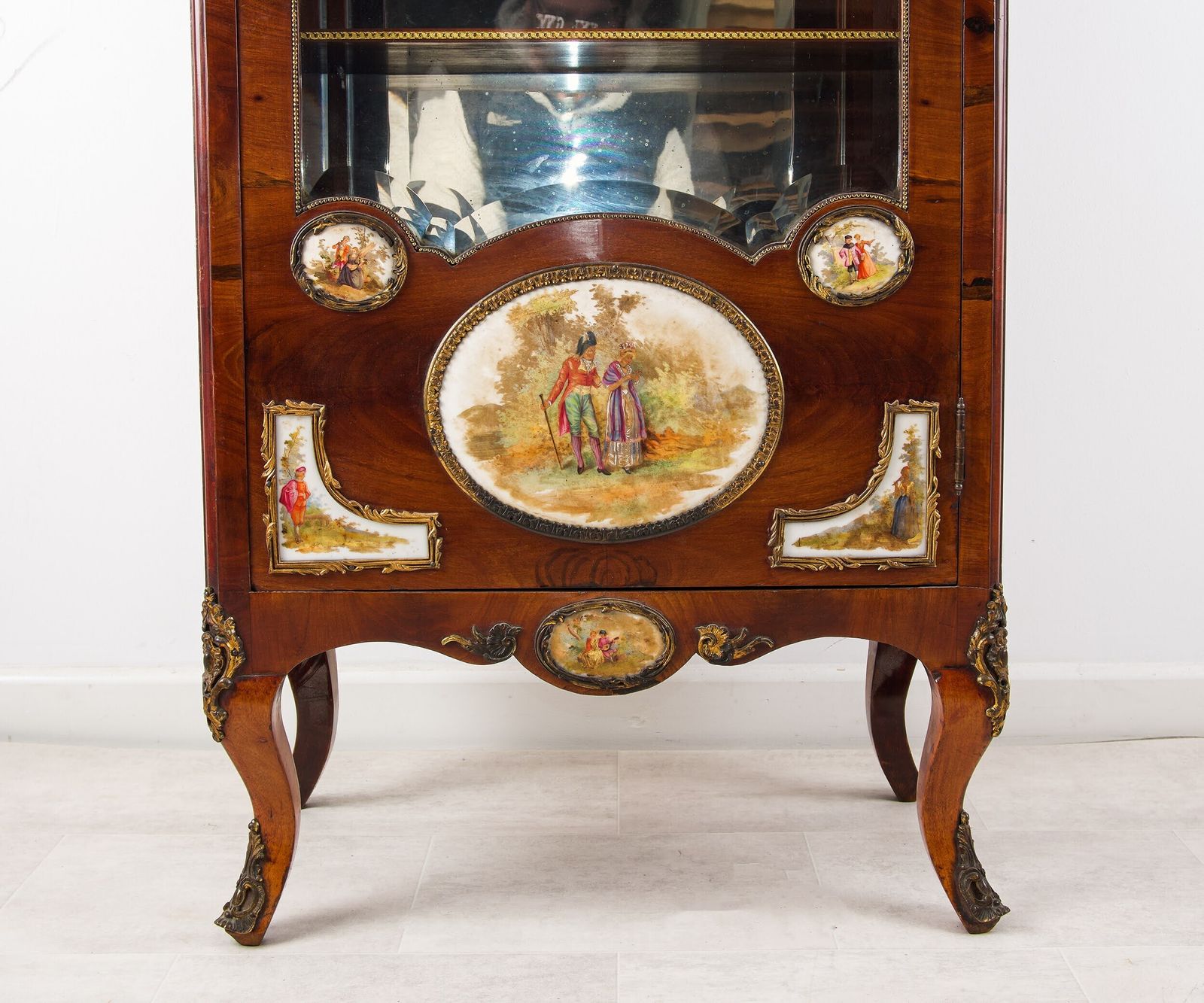 French Louis XVI Revival Walnut Vitrine With Porcelain Plaques, C.1910 photo for sale