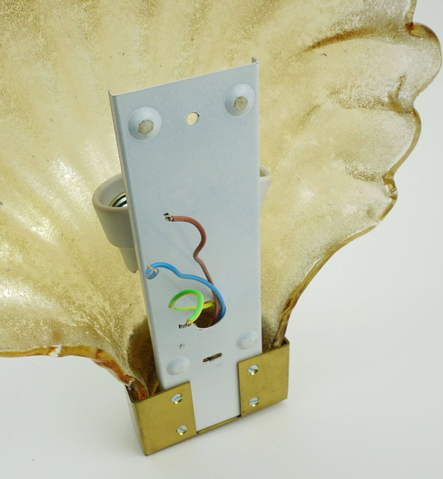 No. 1 Of 2 Mid Century Modern Sconce Wall Lamp Lustrous Glass Shell Brass photo for sale