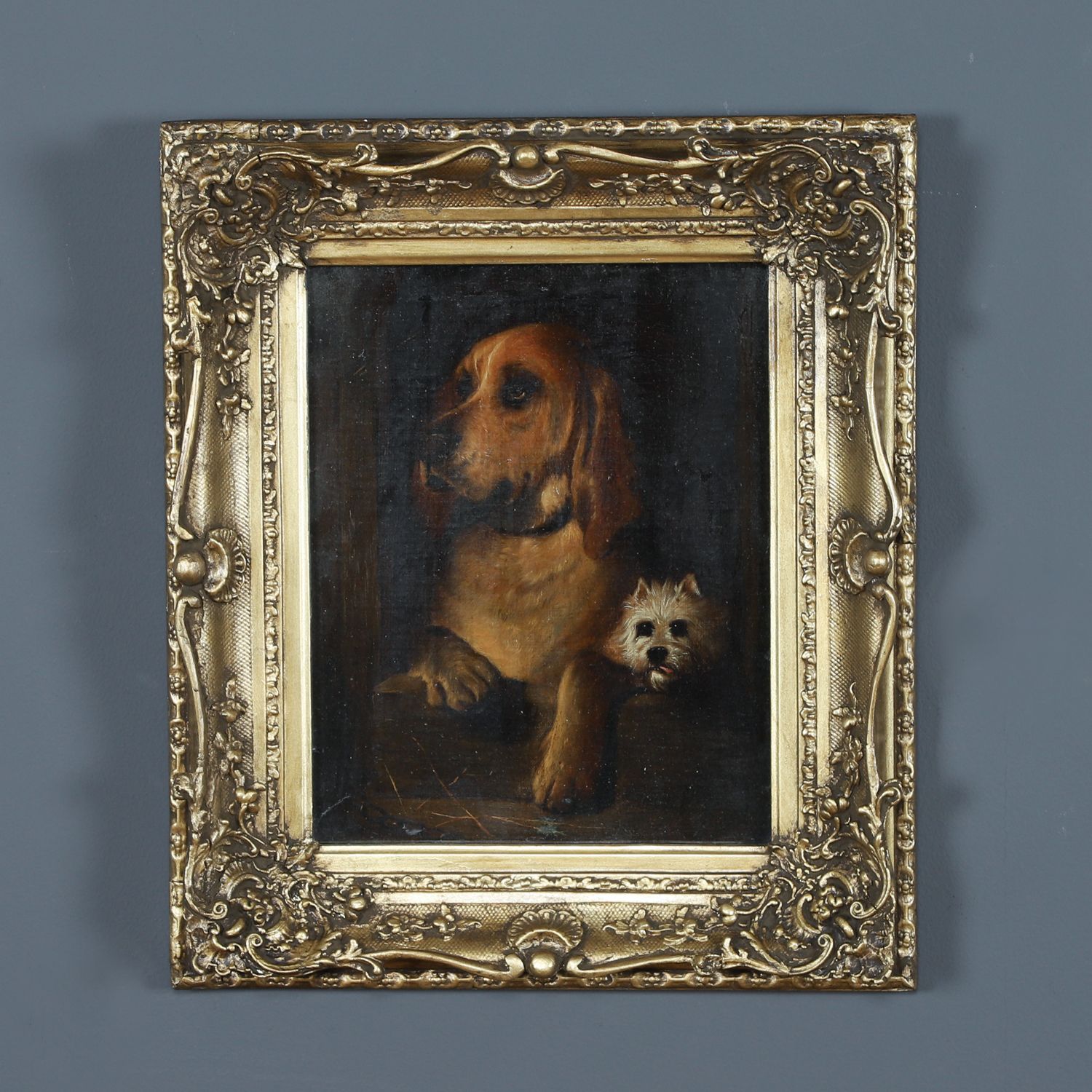 English Victorian Copy Of An Oil Painting Picture Of Dignity And Impudence Hound Dog By Sir Edwin Landseer (Circa 1860) photo furniture