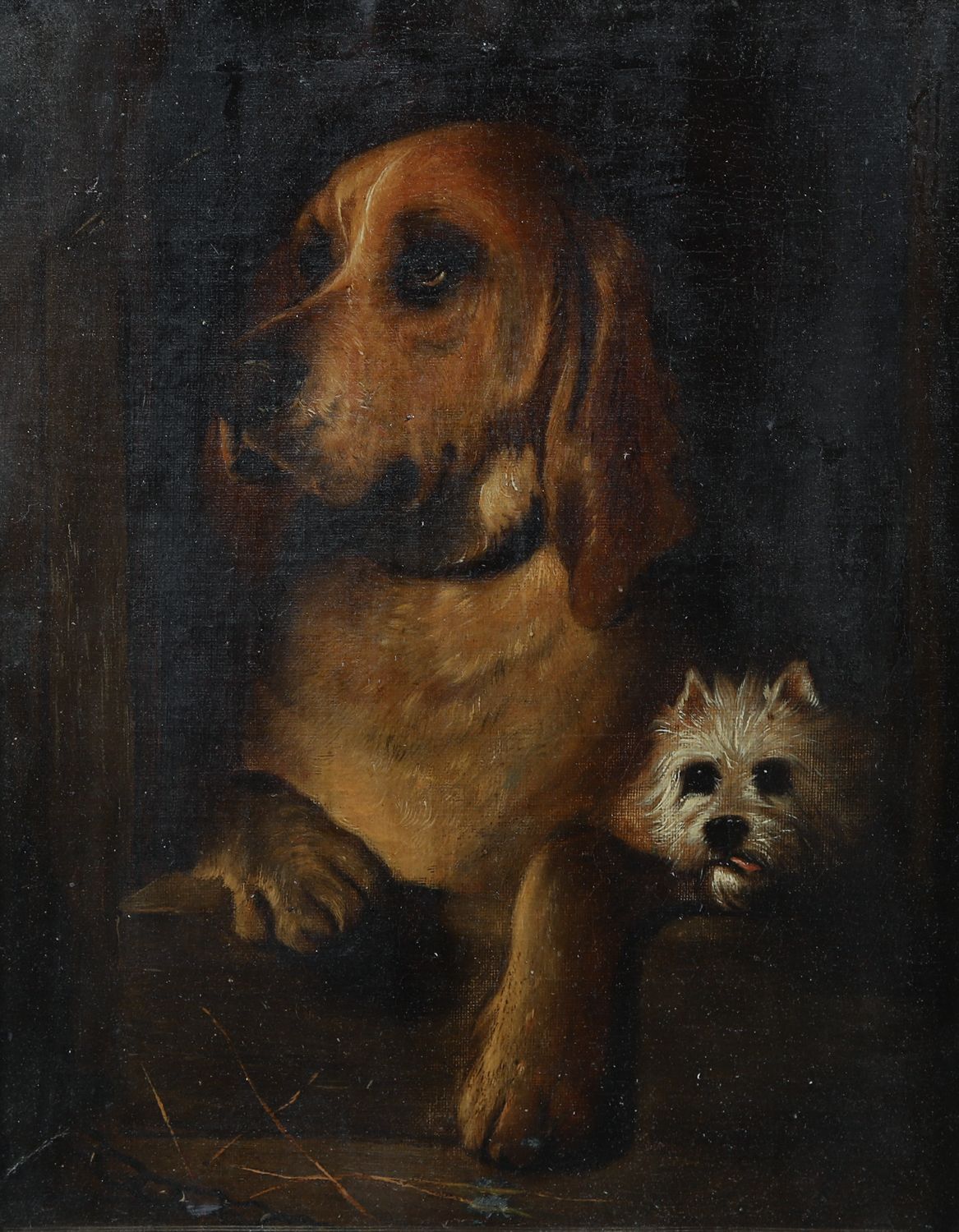 English Victorian Copy Of An Oil Painting Picture Of Dignity And Impudence Hound Dog By Sir Edwin Landseer (Circa 1860) photo for sale