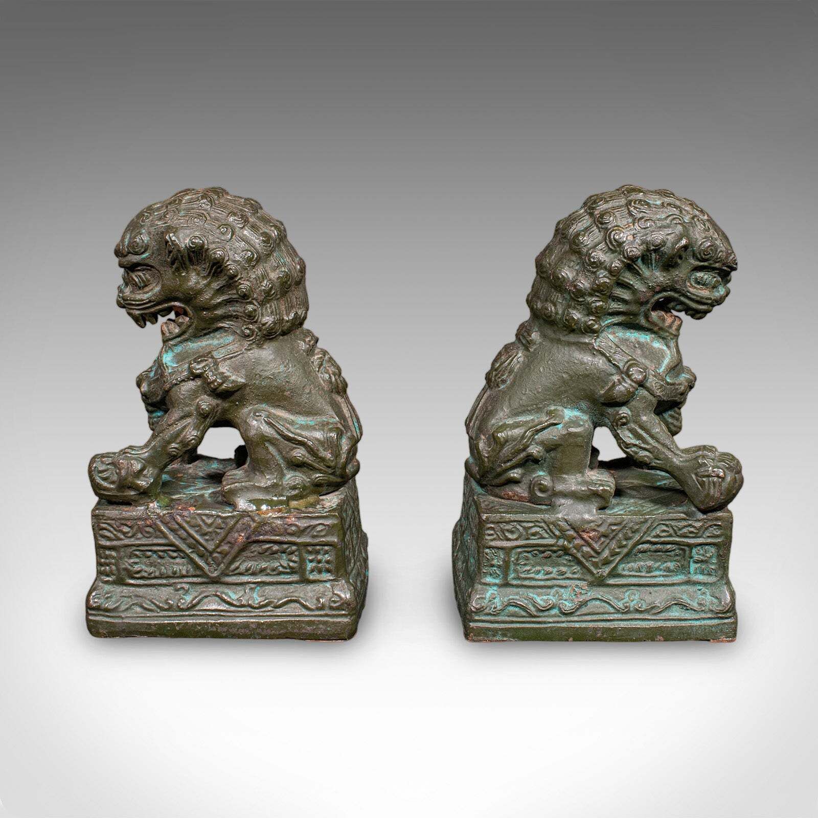 Pair Of Vintage Dog Of Fo Bookends, Oriental, Bronze, Book Rest, Art Deco, 1930 photo vinterior
