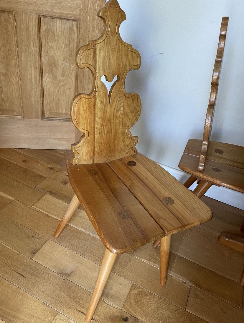 Solid Wood Dining Table & 4 Carved Chairs Set – Retro Mid Century Alpine Style – Farmhouse Cottage Kitchen Furniture photo furniture