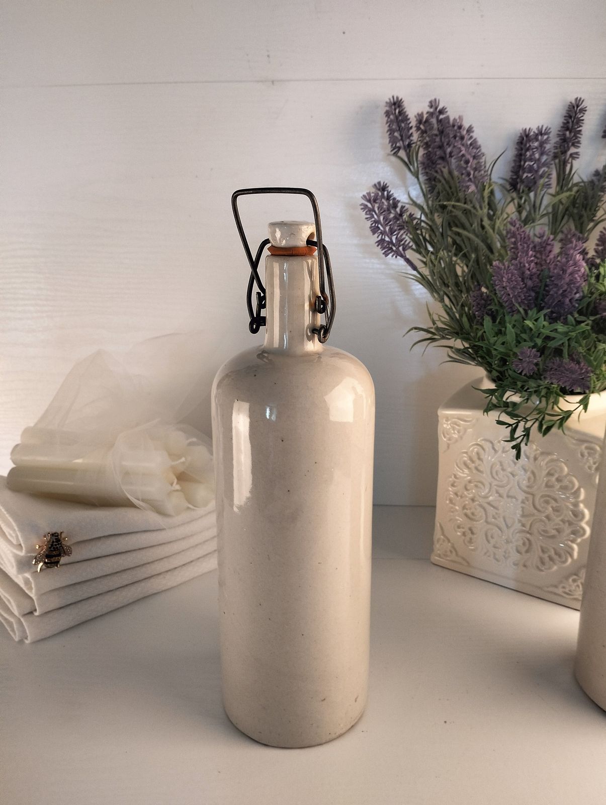 Antique French Stoneware Bottle, White Glazed Cider Jug, Porcelain Cap photo for sale