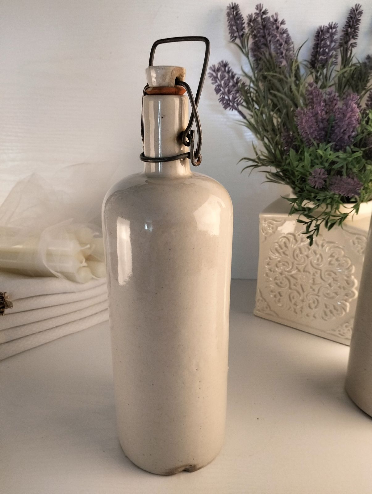 Antique French Stoneware Bottle, White Glazed Cider Jug, Porcelain Cap photo 165.3