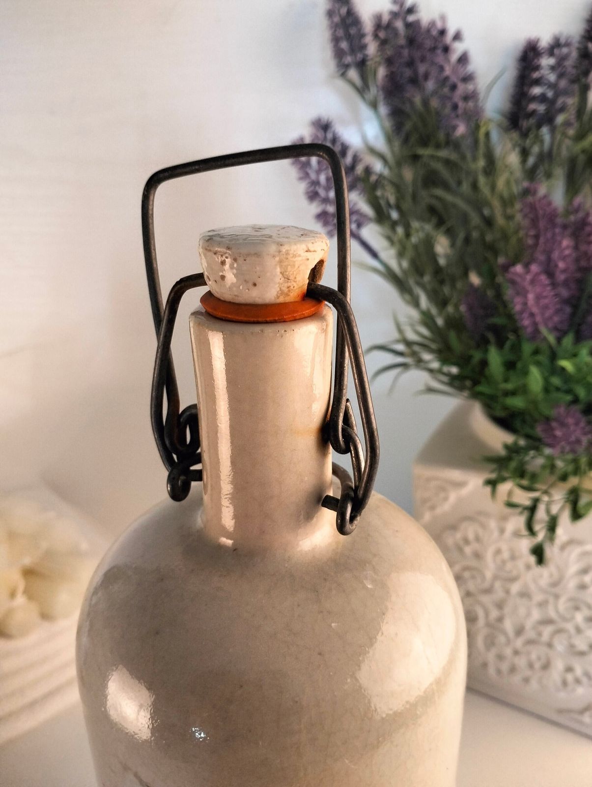 Antique French Stoneware Bottle, White Glazed Cider Jug, Porcelain Cap photo vinterior