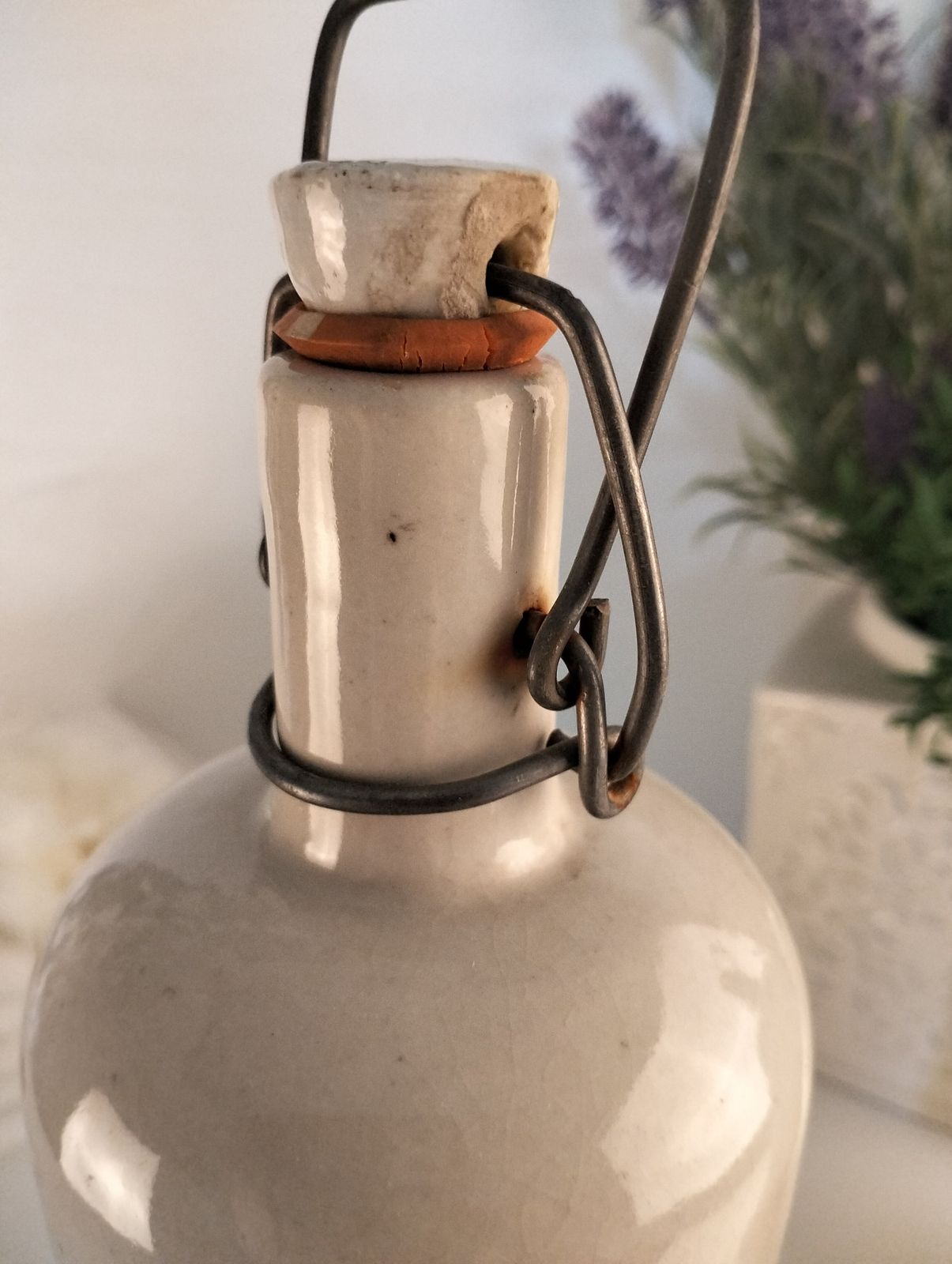 Antique French Stoneware Bottle, White Glazed Cider Jug, Porcelain Cap photo vintage