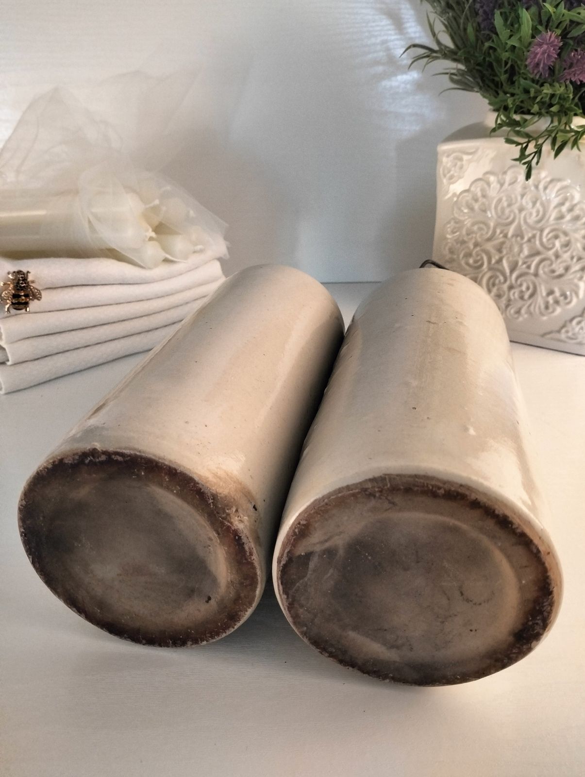 photo furniture Antique French Stoneware Bottle, White Glazed Cider Jug, Porcelain Cap