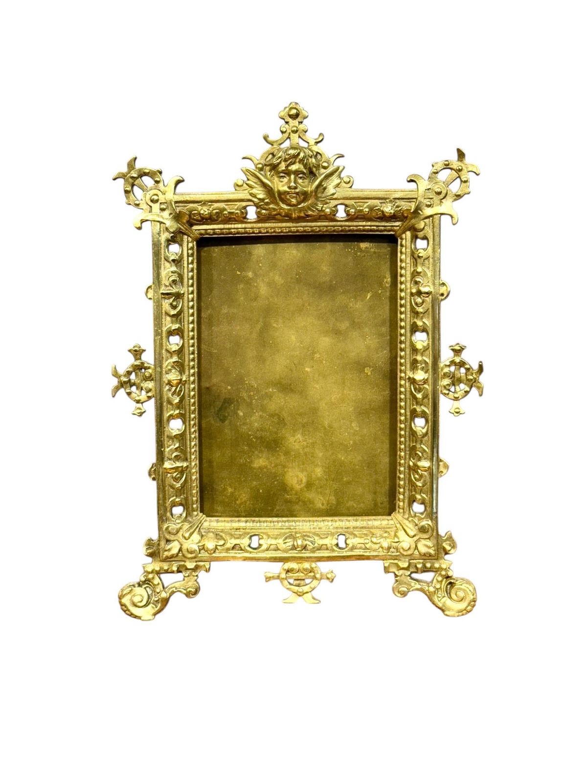 Home Decor Ornate 19th Century Gilt Bronze Tabletop Frame With Cherub Motif photo