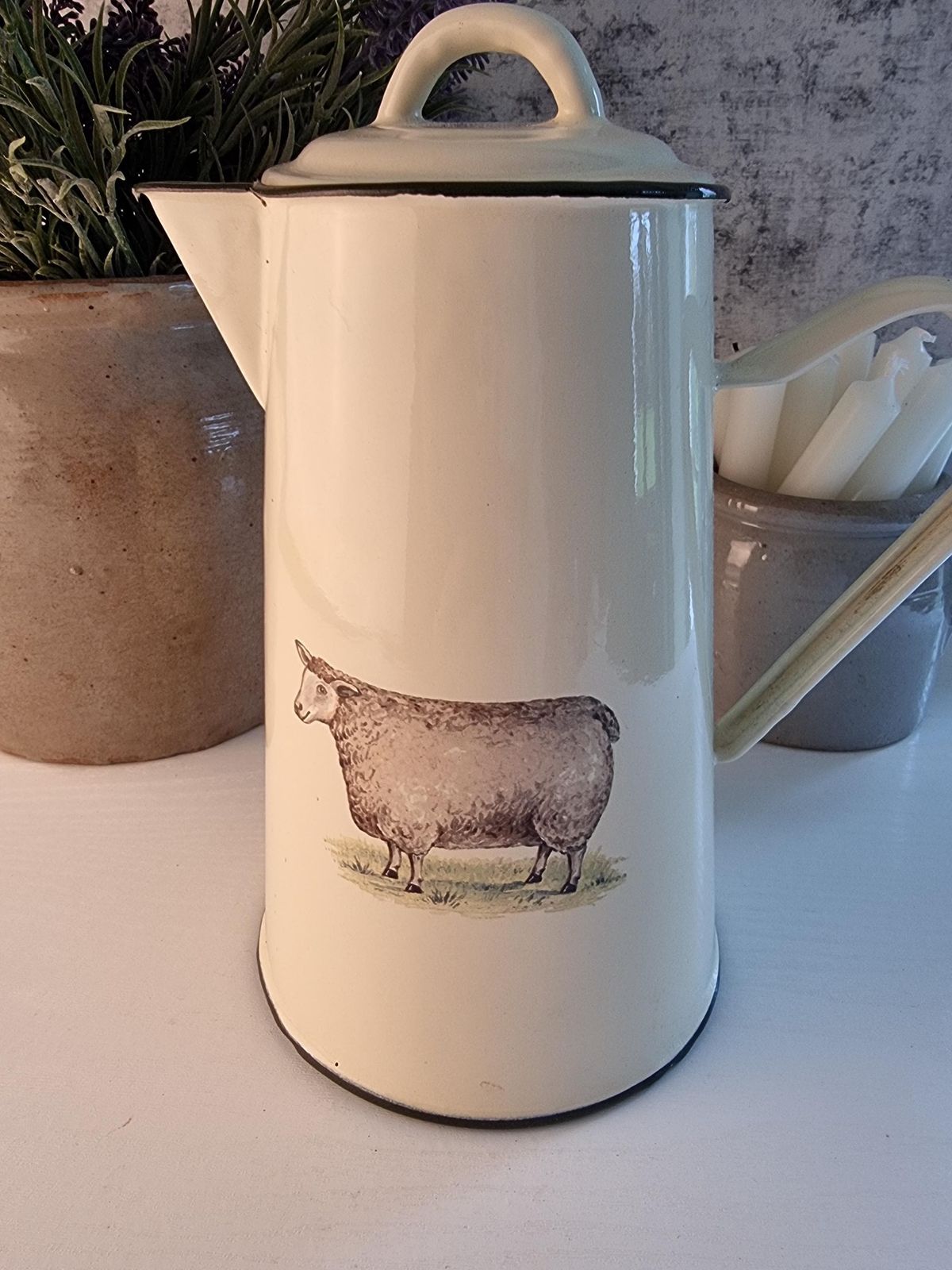 Vintage French Enamel Coffee Pot – Cream Kitchen Decor, Sheep Design photo furniture