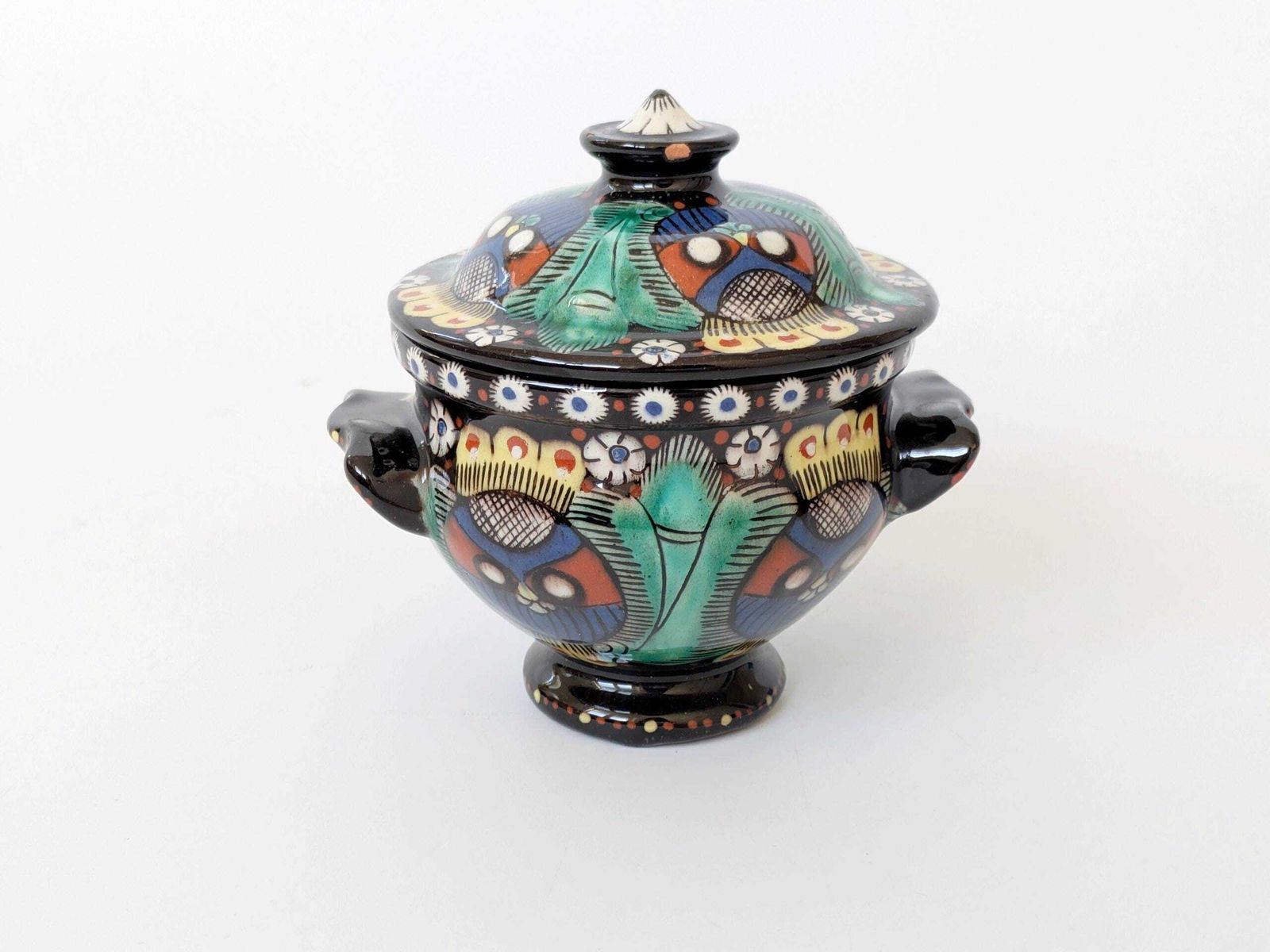Early 20th Century Arts & Crafts Majolica Pedestal Lidded Box, Thoune Switzerland, Satisfactory photo furniture