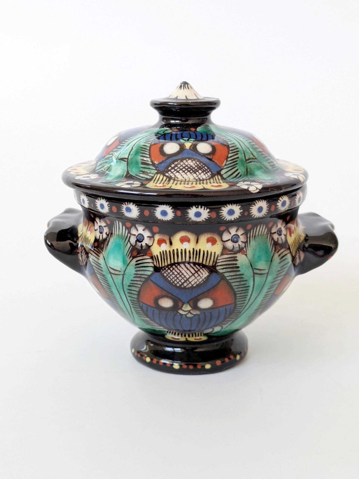 photo buy Early 20th Century Arts & Crafts Majolica Pedestal Lidded Box, Thoune Switzerland, Satisfactory