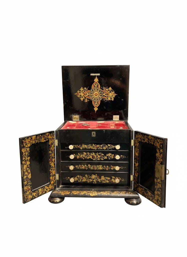 Ebonized 19th Century Sewing Box, With Original Accessories, And  Hand Painted With Bouquets Of Flowers. photo furniture