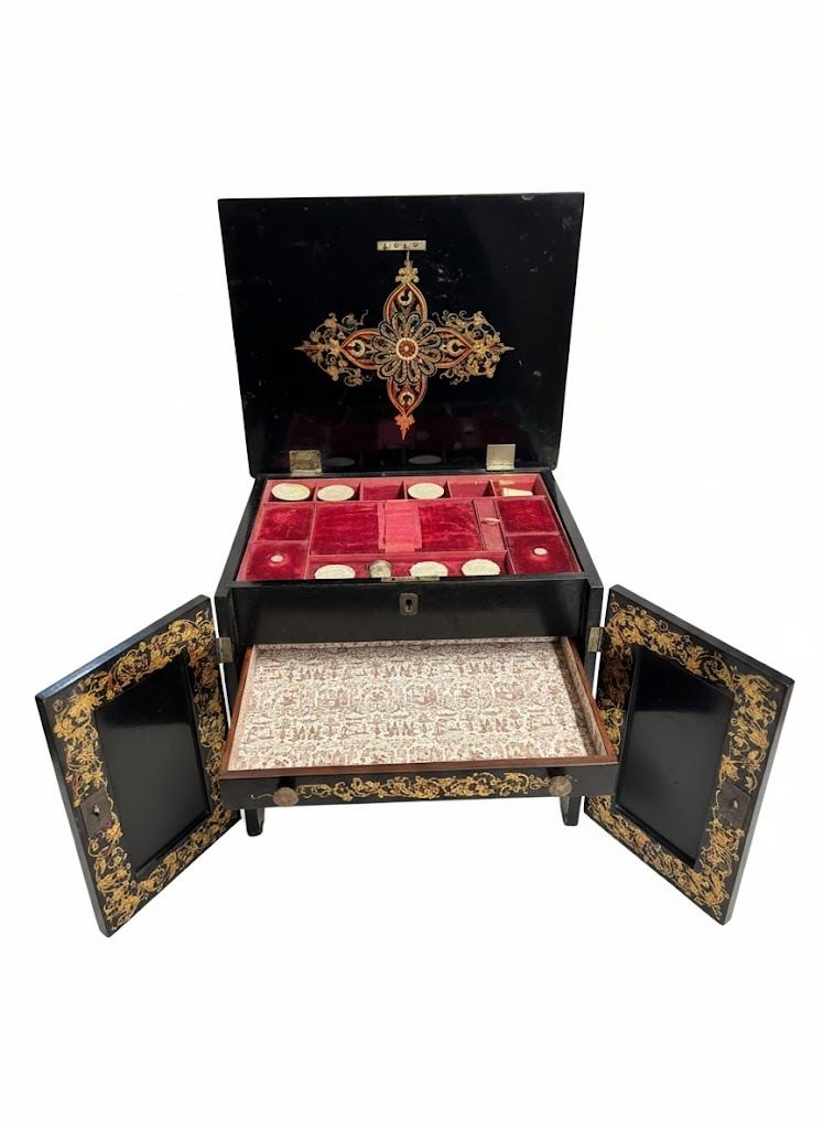 Ebonized 19th Century Sewing Box, With Original Accessories, And  Hand Painted With Bouquets Of Flowers. photo for sale