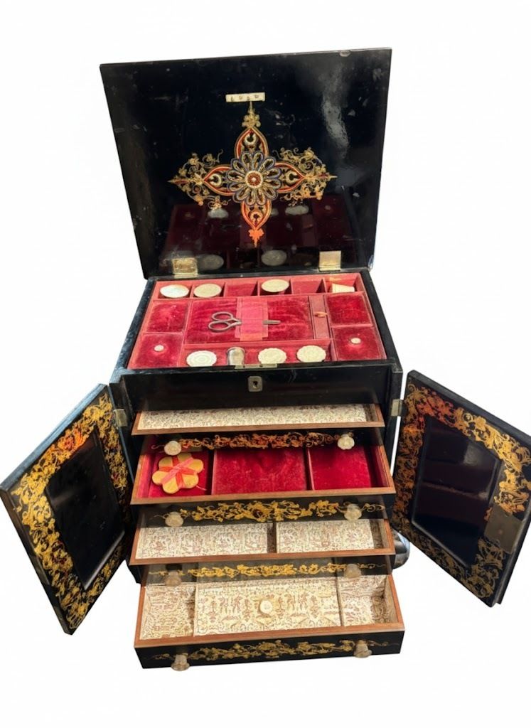 Ebonized 19th Century Sewing Box, With Original Accessories, And  Hand Painted With Bouquets Of Flowers. photo Home Decor