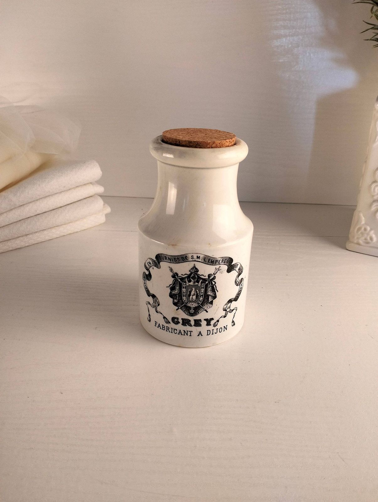 French Antique Dijon Mustard Jar, Vintage Grey Advertising Pot photo furniture