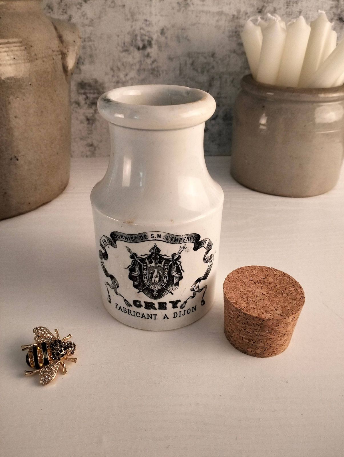 French Antique Dijon Mustard Jar, Vintage Grey Advertising Pot photo buy