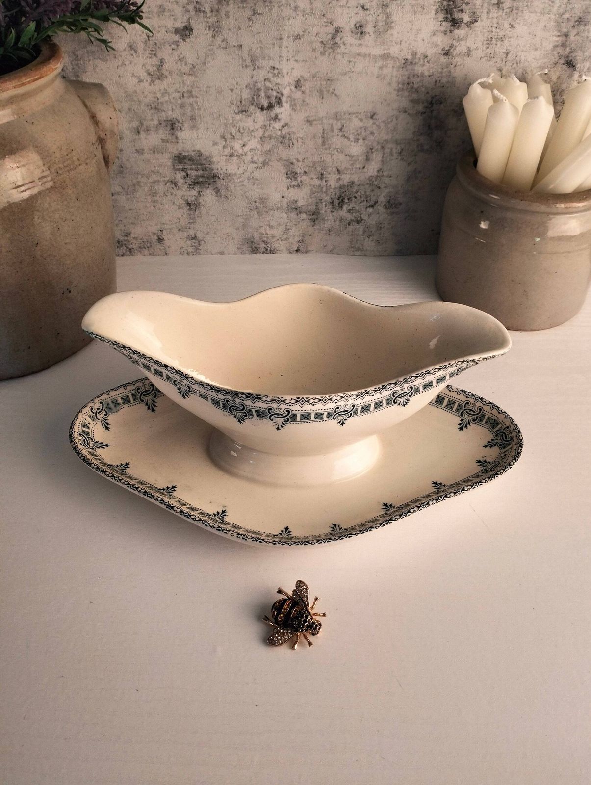 Antique Ironstone Gravy Boat, French Blue Transferware, Pedestal Sauce Jug