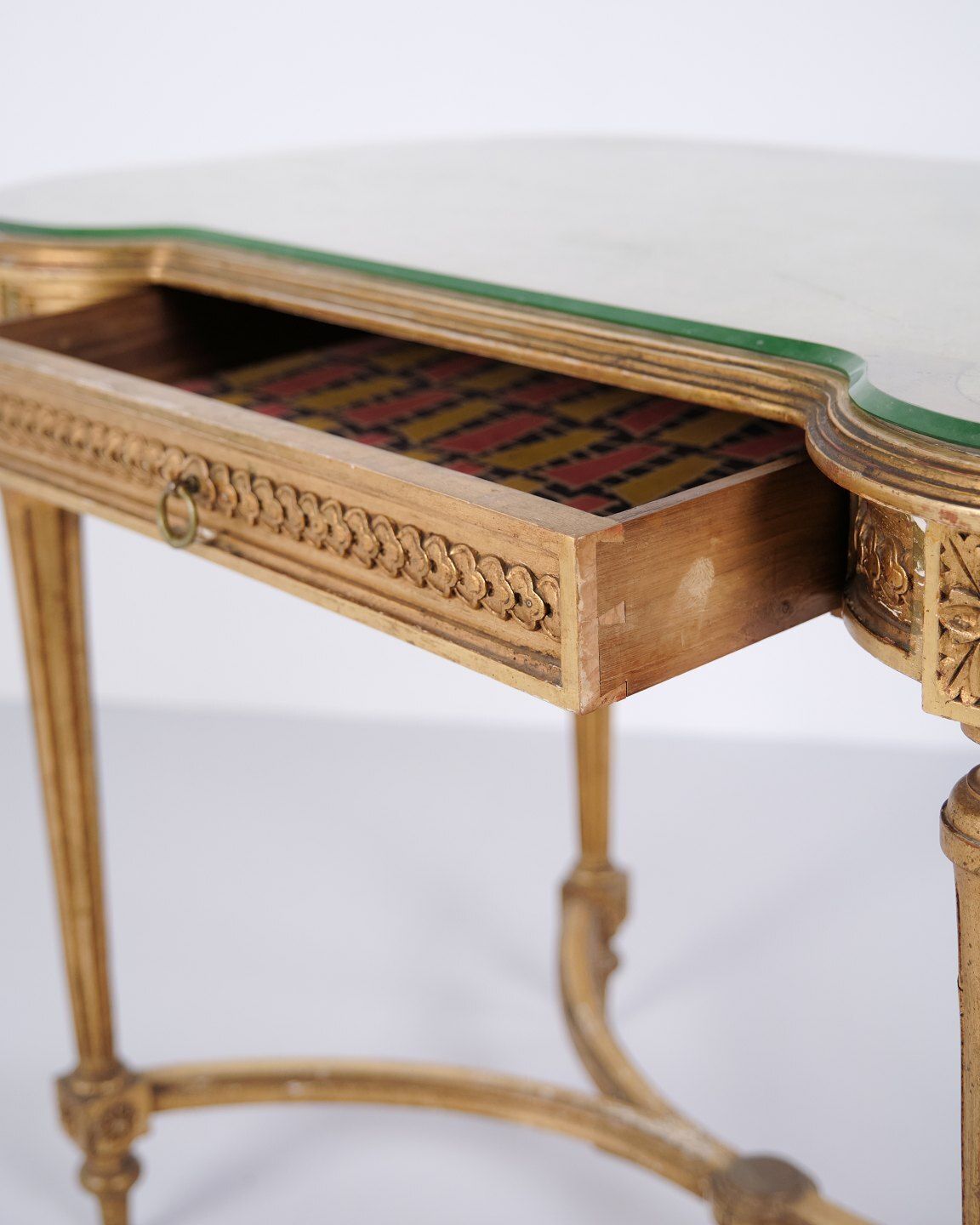 photo furniture Antique Desk With Glass Top & Drawer – Gustavian/Louis XVI Style – Gilded Wood – 1850s