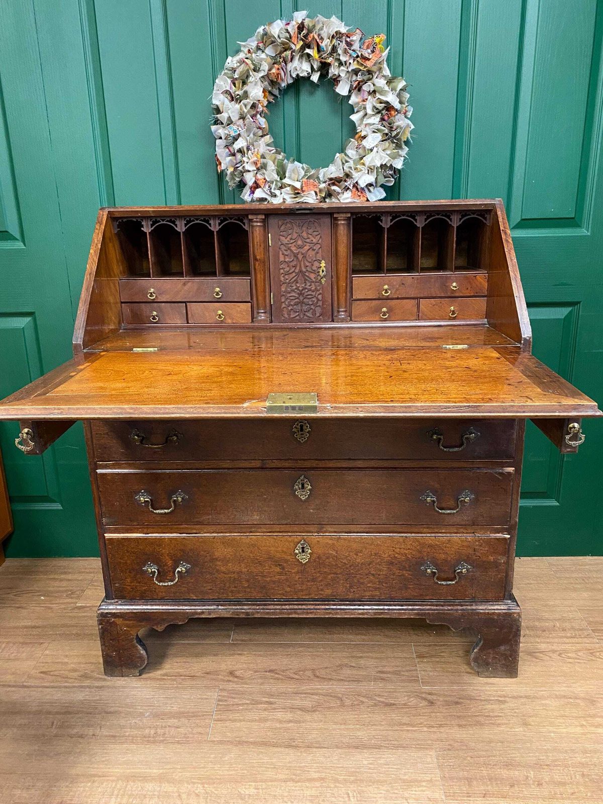Antique 18th Century George III Solid Mahogany Bureau, Intricate Interior photo furniture