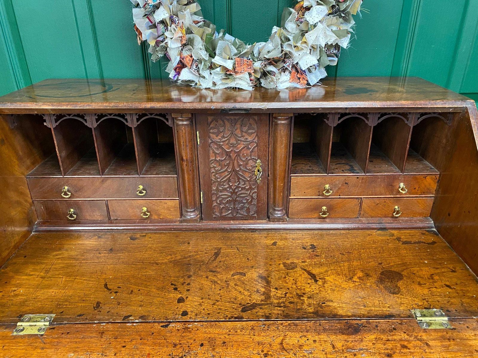 Antique 18th Century George III Solid Mahogany Bureau, Intricate Interior photo 495.0