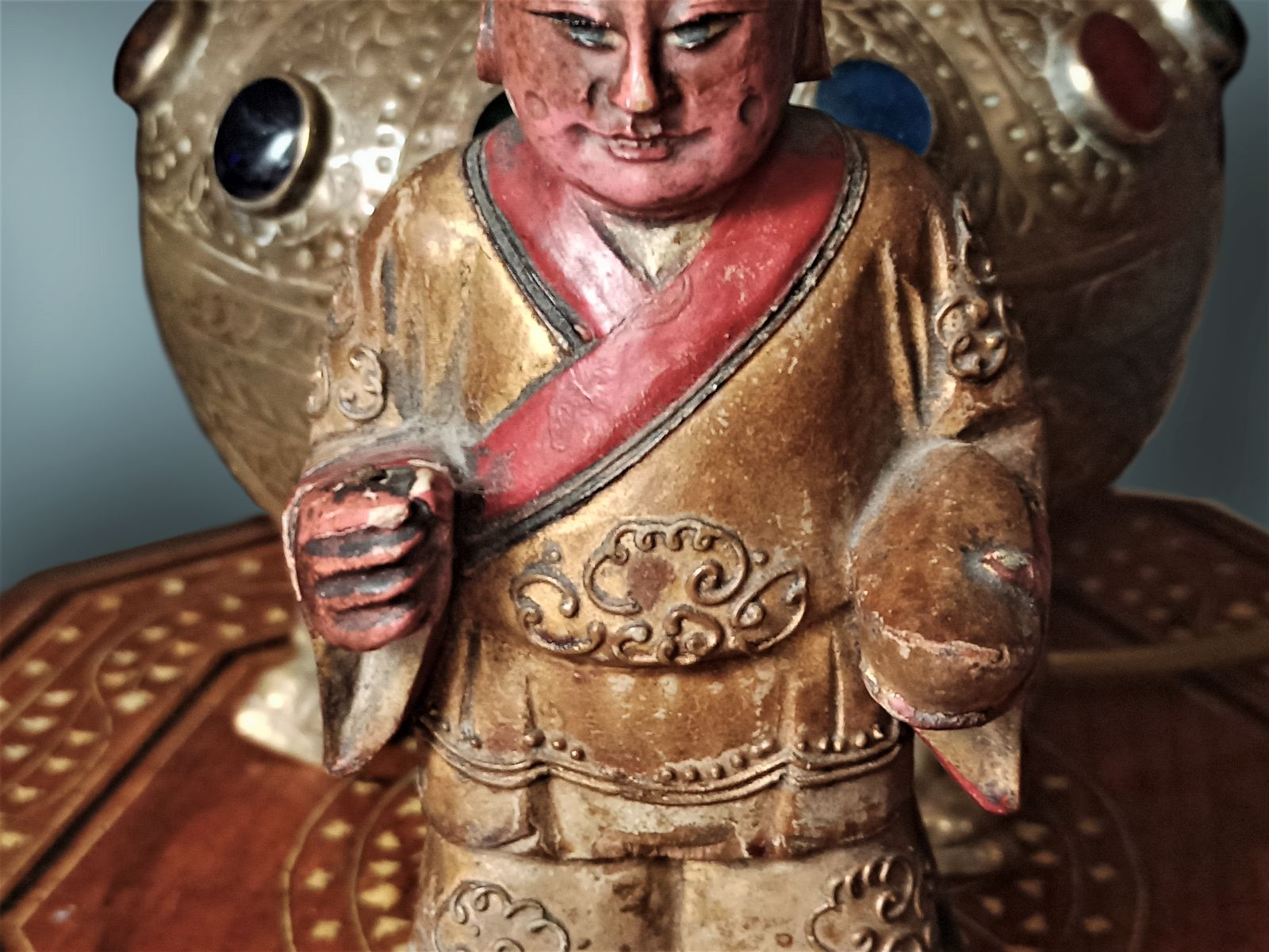Pair Of Polychrome Gilt Gesso Painted Carved Statues Temple Deity photo vinterior