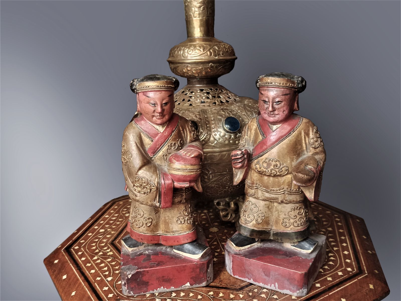 photo furniture Pair Of Polychrome Gilt Gesso Painted Carved Statues Temple Deity