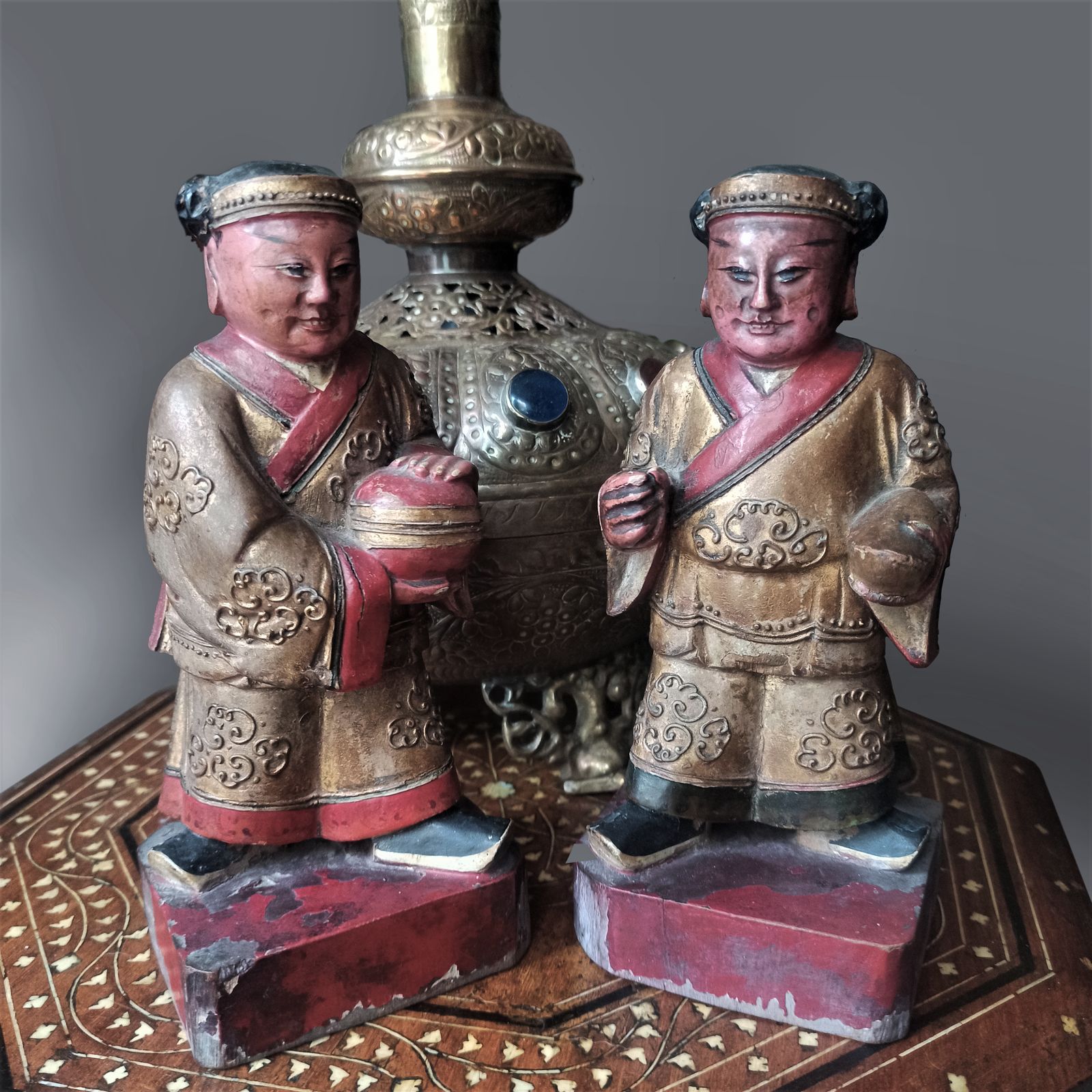 photo for sale Pair Of Polychrome Gilt Gesso Painted Carved Statues Temple Deity