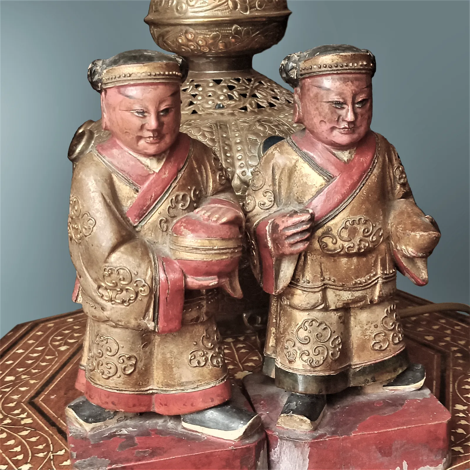 Art Pair Of Polychrome Gilt Gesso Painted Carved Statues Temple Deity photo