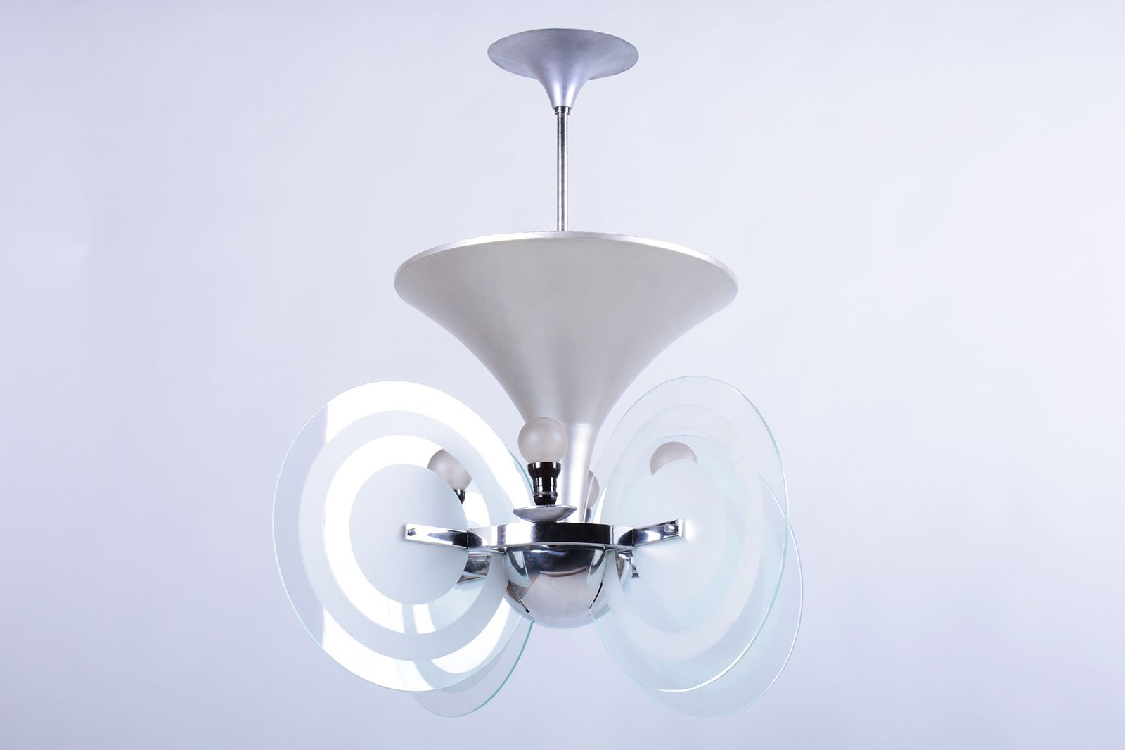 Restored Bauhaus Chandelier, By F. Anýž, Chrome, Sandblasted Glass, Czech, 1930s
