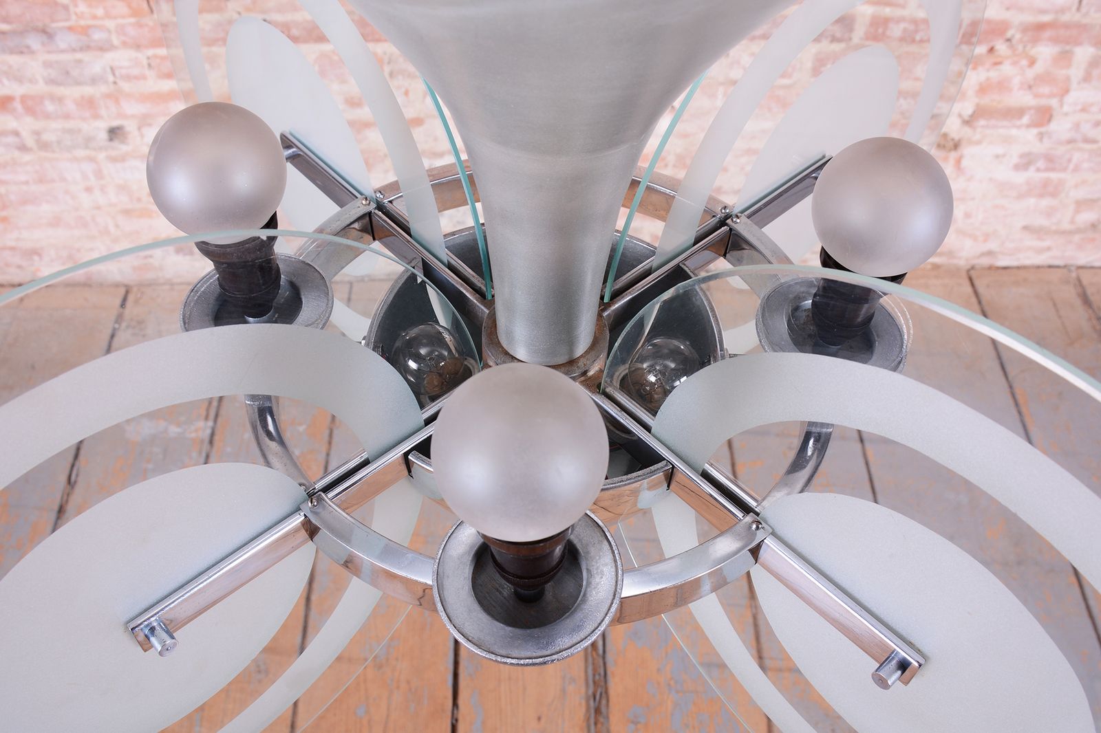 photo for sale Restored Bauhaus Chandelier, By F. Anýž, Chrome, Sandblasted Glass, Czech, 1930s