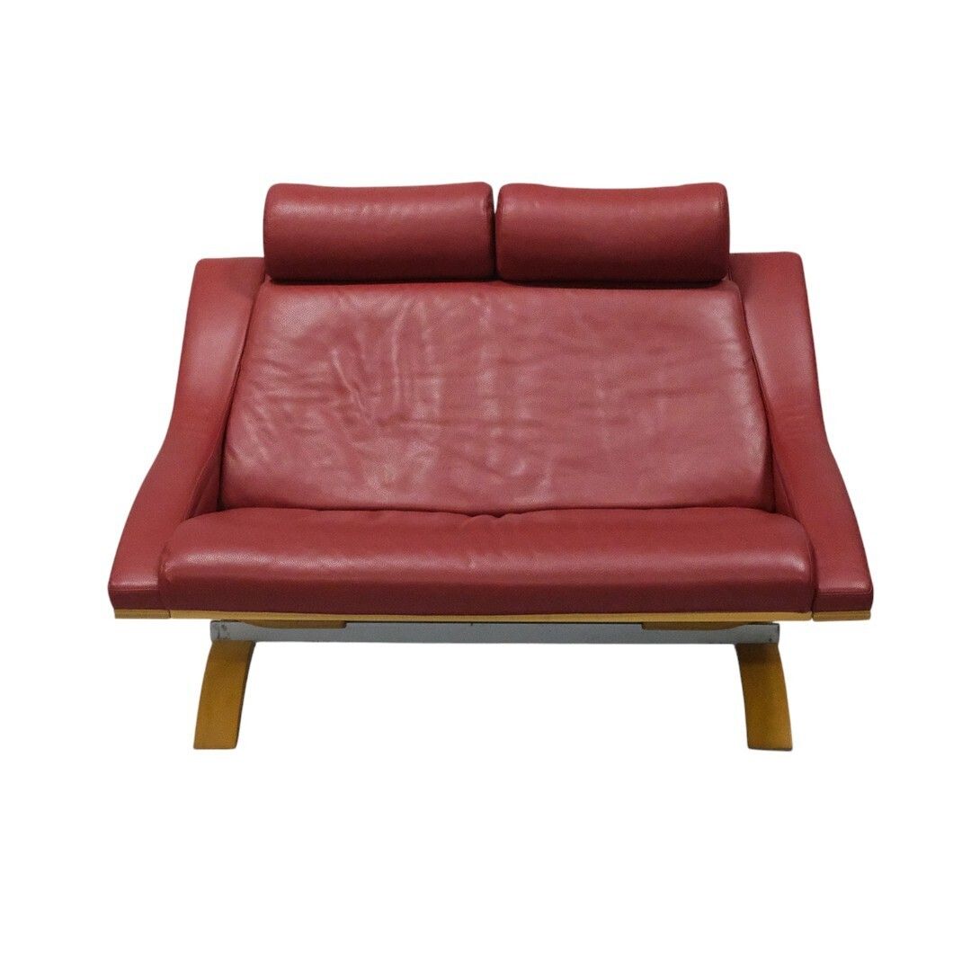 Roche Bobois Red Leather Two Seater Sofa On Bentwood Beech Base, France photo furniture