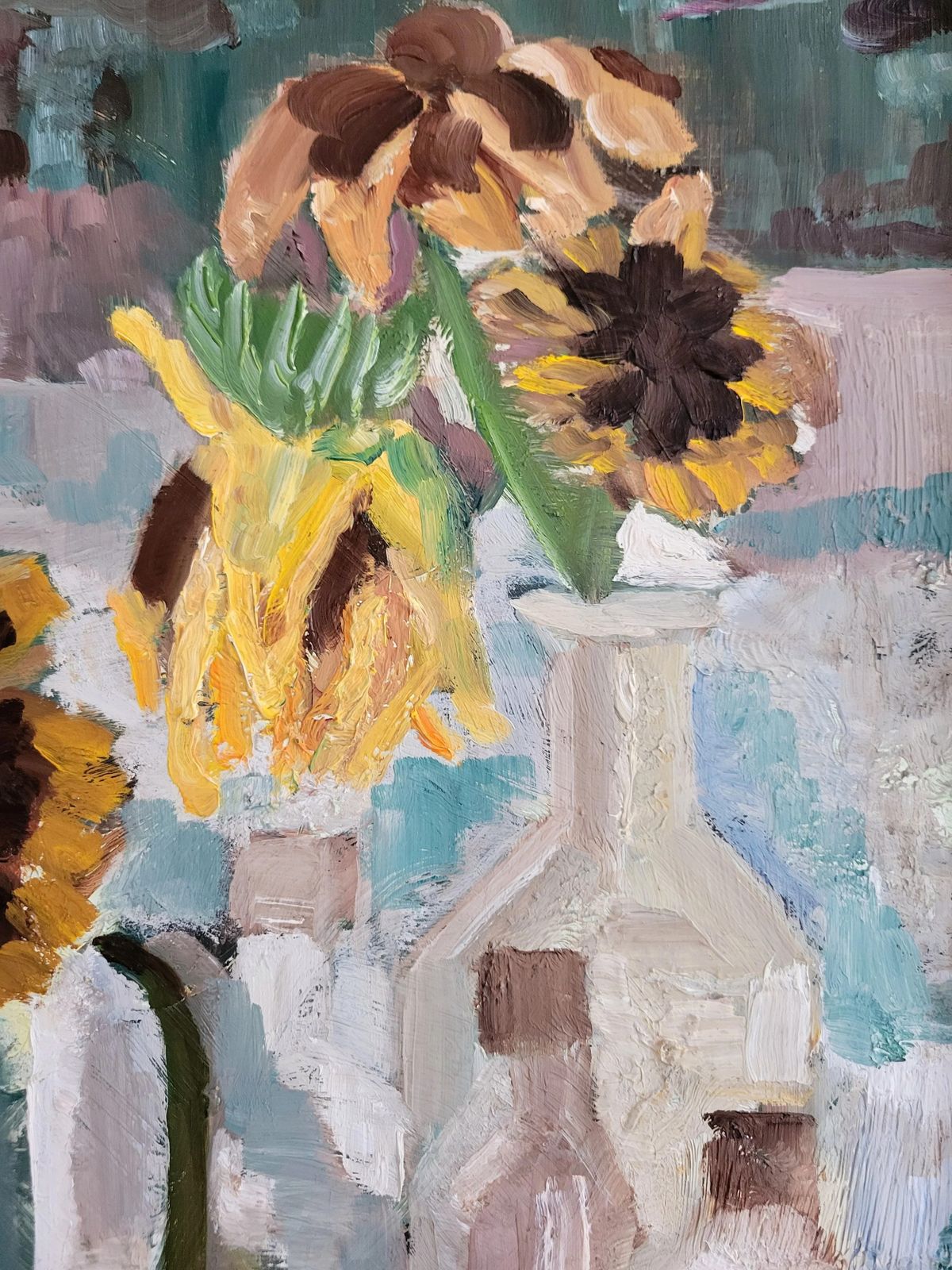 Original Framed Vintage Mid Century Swedish Expressionist Landscape Sunflowers And Glass Bottles photo Art
