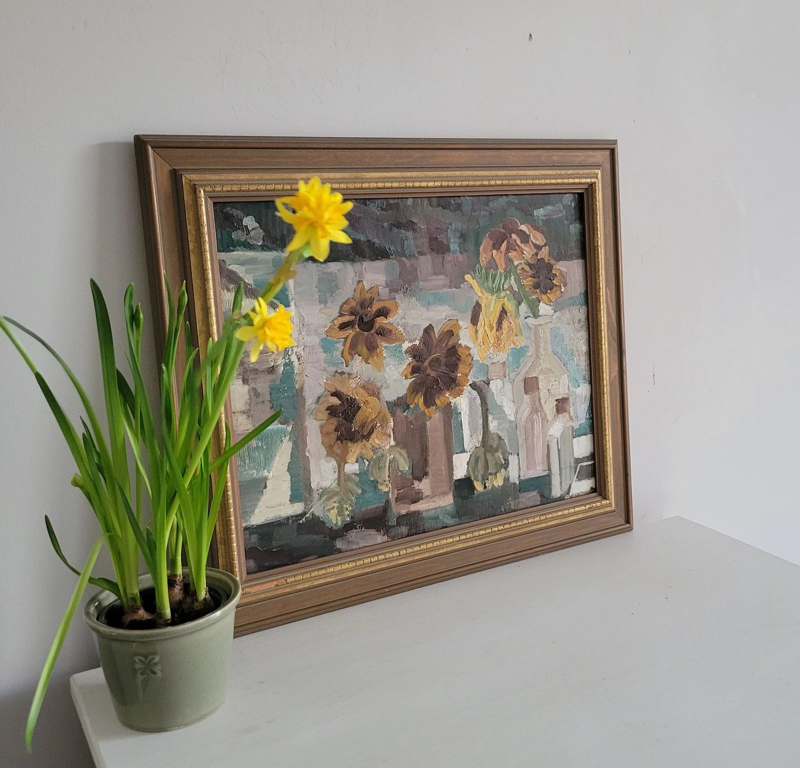 photo furniture Original Framed Vintage Mid Century Swedish Expressionist Landscape Sunflowers And Glass Bottles