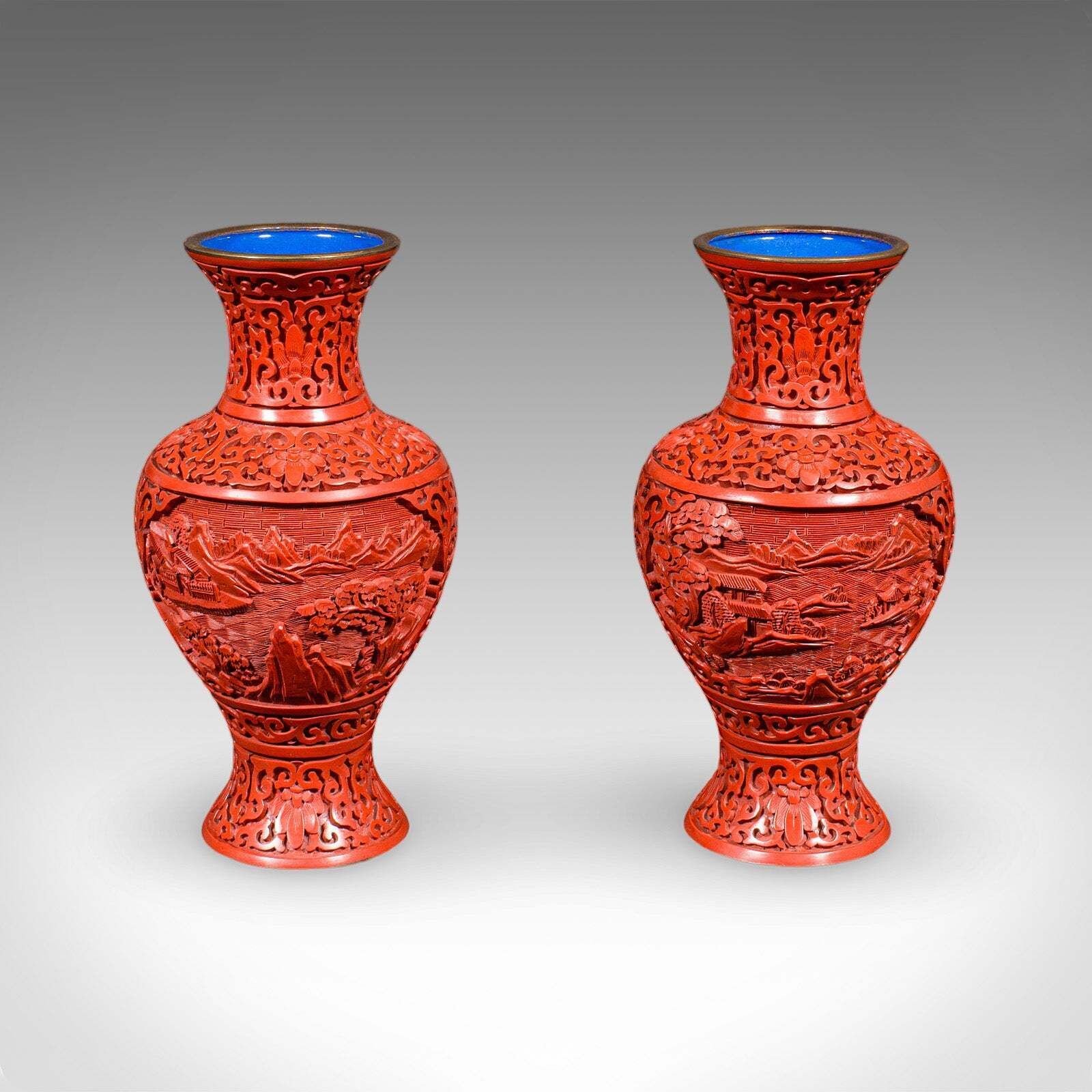 Pair Of Vintage Cinnabar Baluster Vases, Oriental, Lacquer, Cloisonne, Posy Urn photo furniture