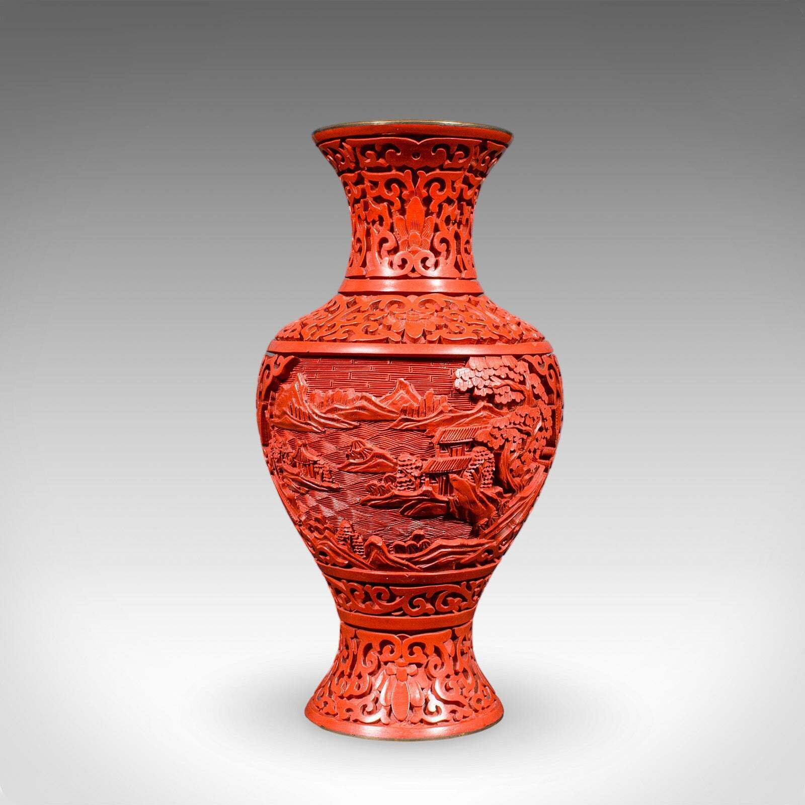 Pair Of Vintage Cinnabar Baluster Vases, Oriental, Lacquer, Cloisonne, Posy Urn photo 812.0