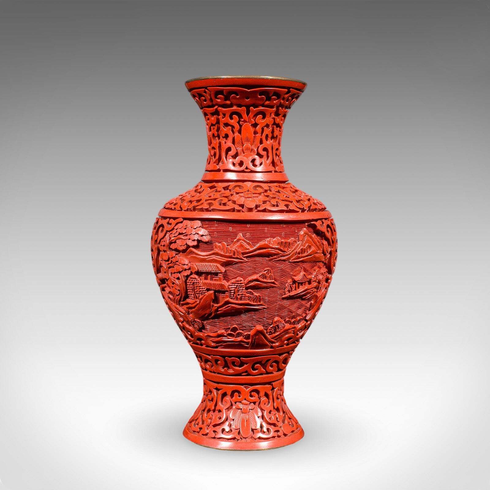 Pair Of Vintage Cinnabar Baluster Vases, Oriental, Lacquer, Cloisonne, Posy Urn photo buy