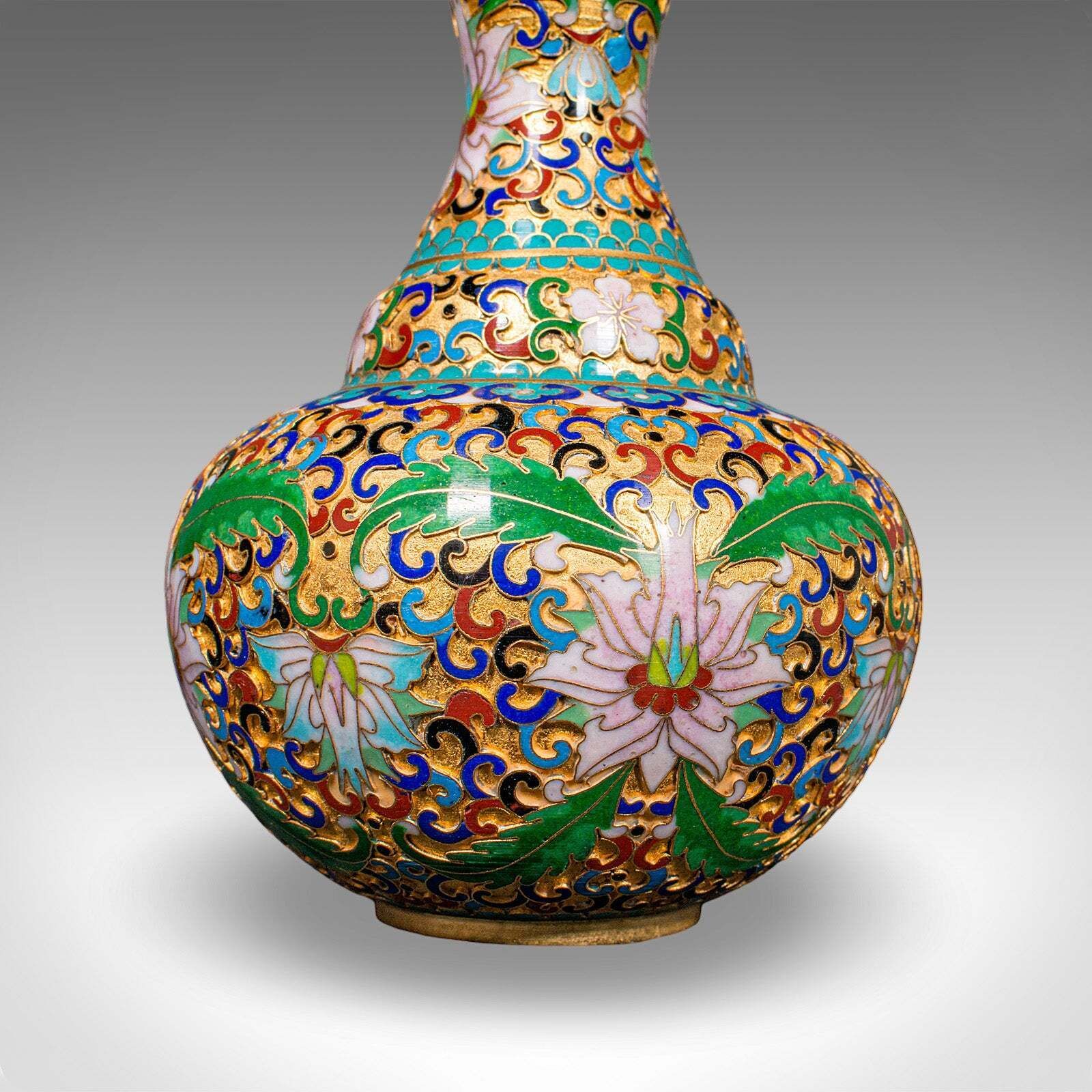 Home Decor Pair Of Small Vintage Baluster Form Vases, Oriental, Cloisonne, Posy Urn, C.1970 photo
