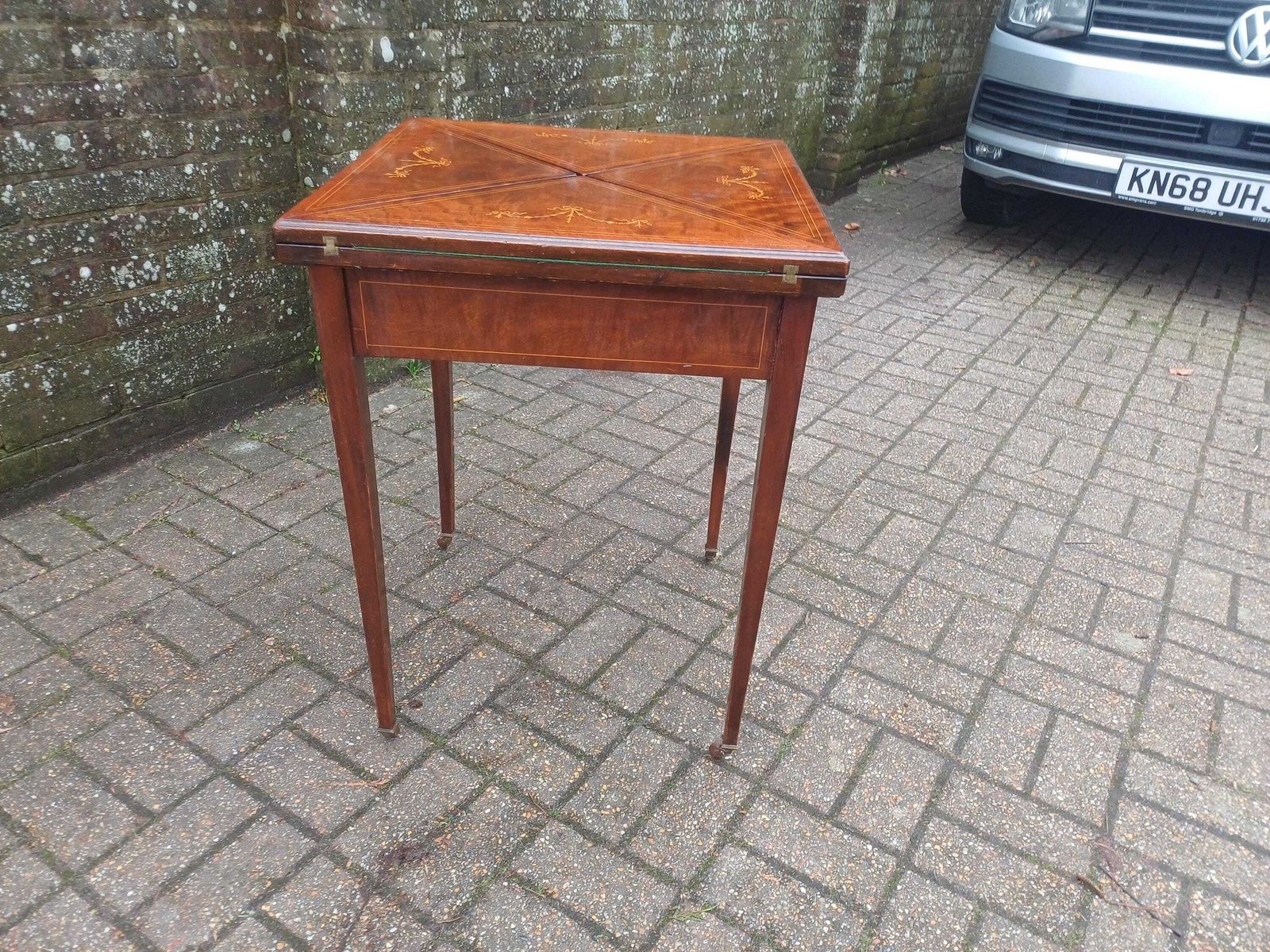Victorian Mahogany Games Table Folding Swivel Top Card Table Ribbon Inlay Brass Porcelain Casters Antique Side Table Free Hand Delivery photo furniture