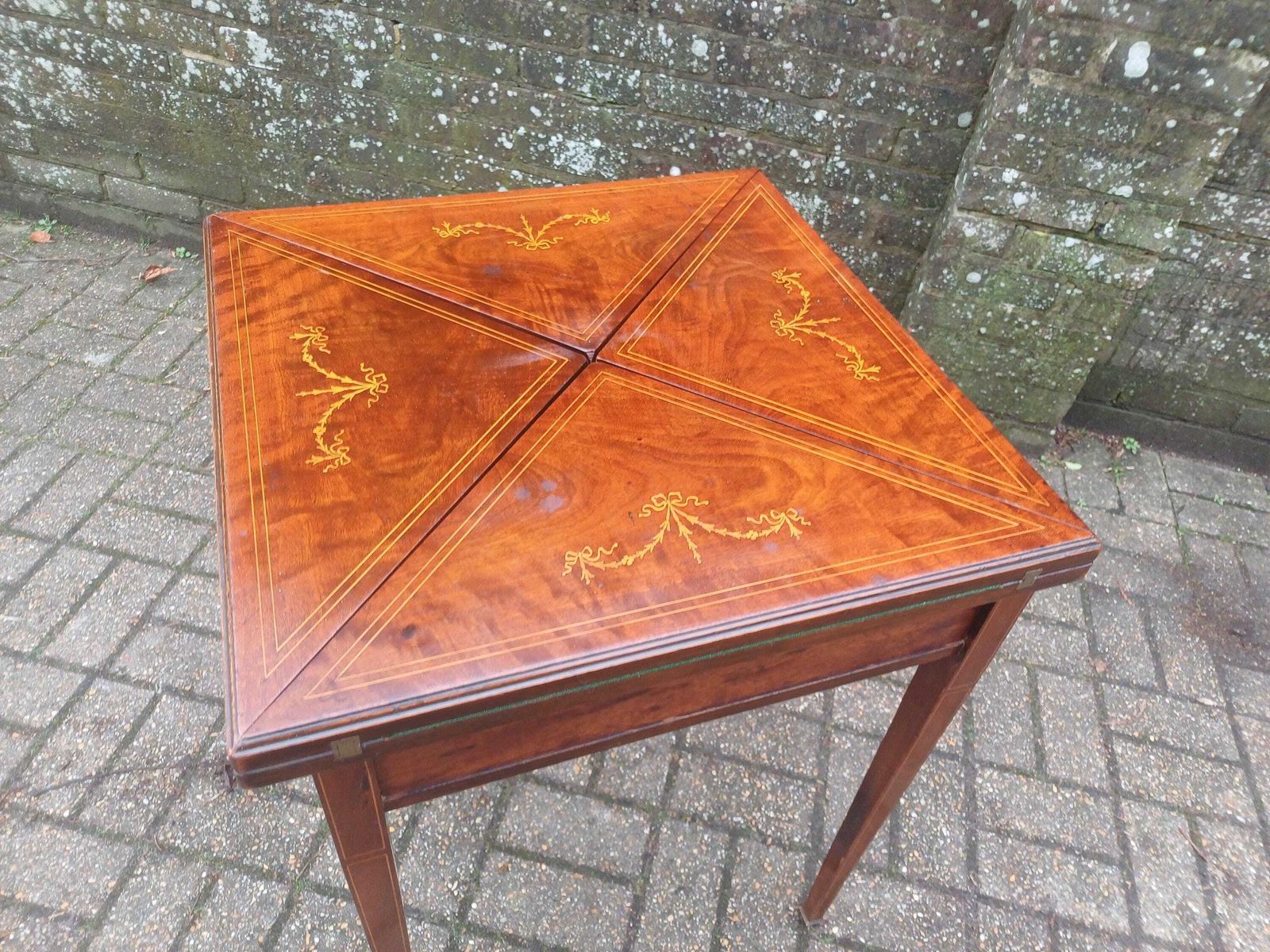 Victorian Mahogany Games Table Folding Swivel Top Card Table Ribbon Inlay Brass Porcelain Casters Antique Side Table Free Hand Delivery photo Furniture