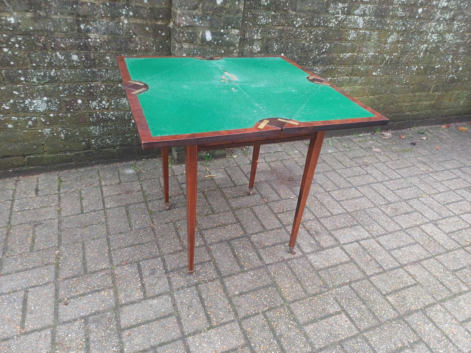 Victorian Mahogany Games Table Folding Swivel Top Card Table Ribbon Inlay Brass Porcelain Casters Antique Side Table Free Hand Delivery photo vintage